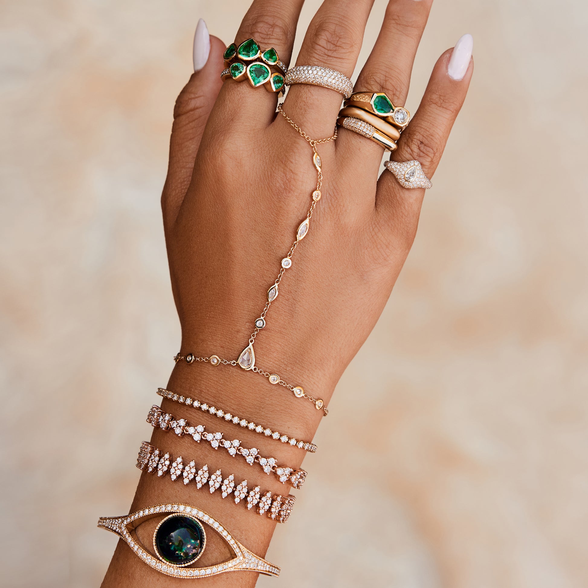 Rose Cut Teardrop Diamond Center, Round + Marquise Alternating Finger Bracelet