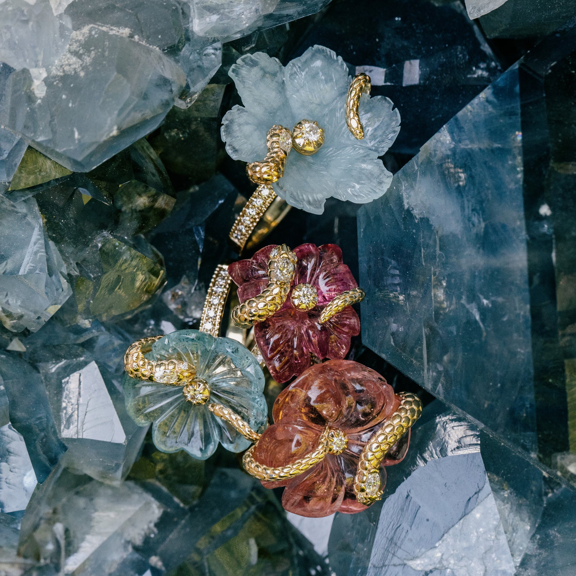 Snake Wrapped Pink Tourmaline Flower Pave Ring