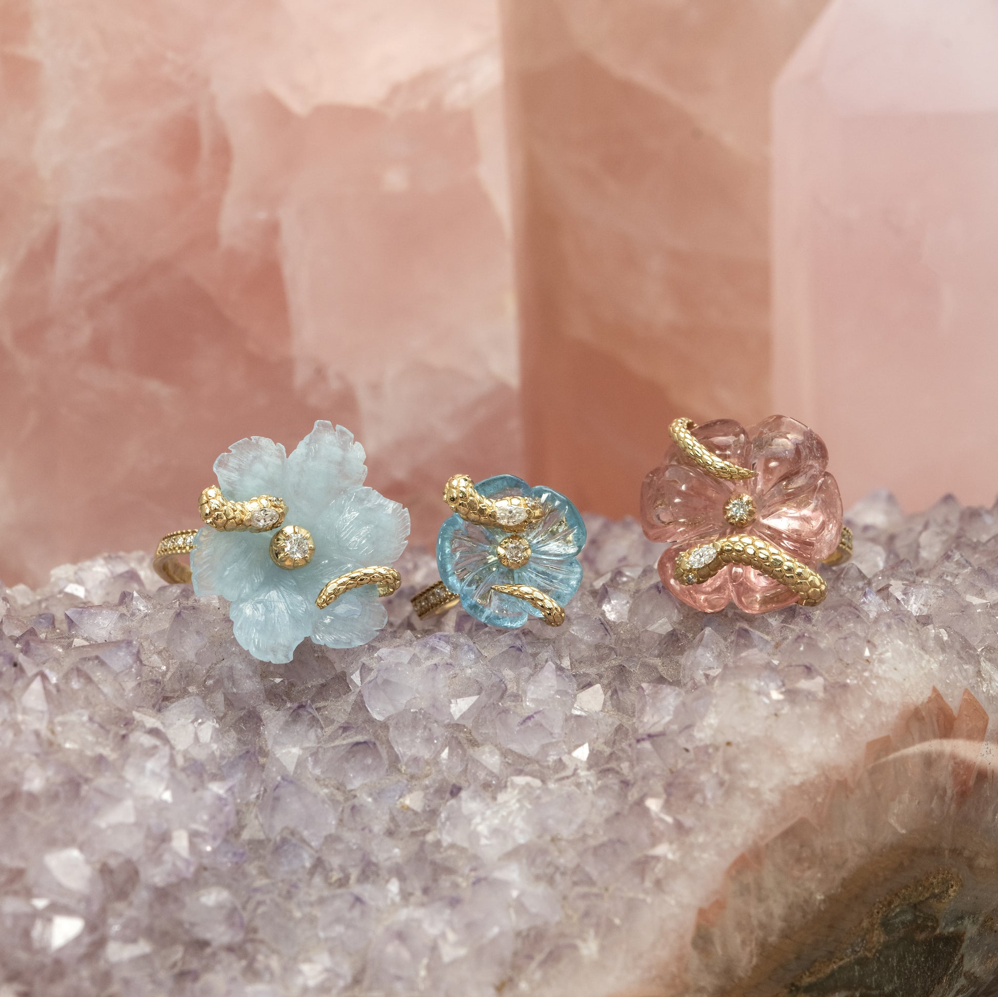 Large Snake Wrapped Aquamarine Flower Pave Ring