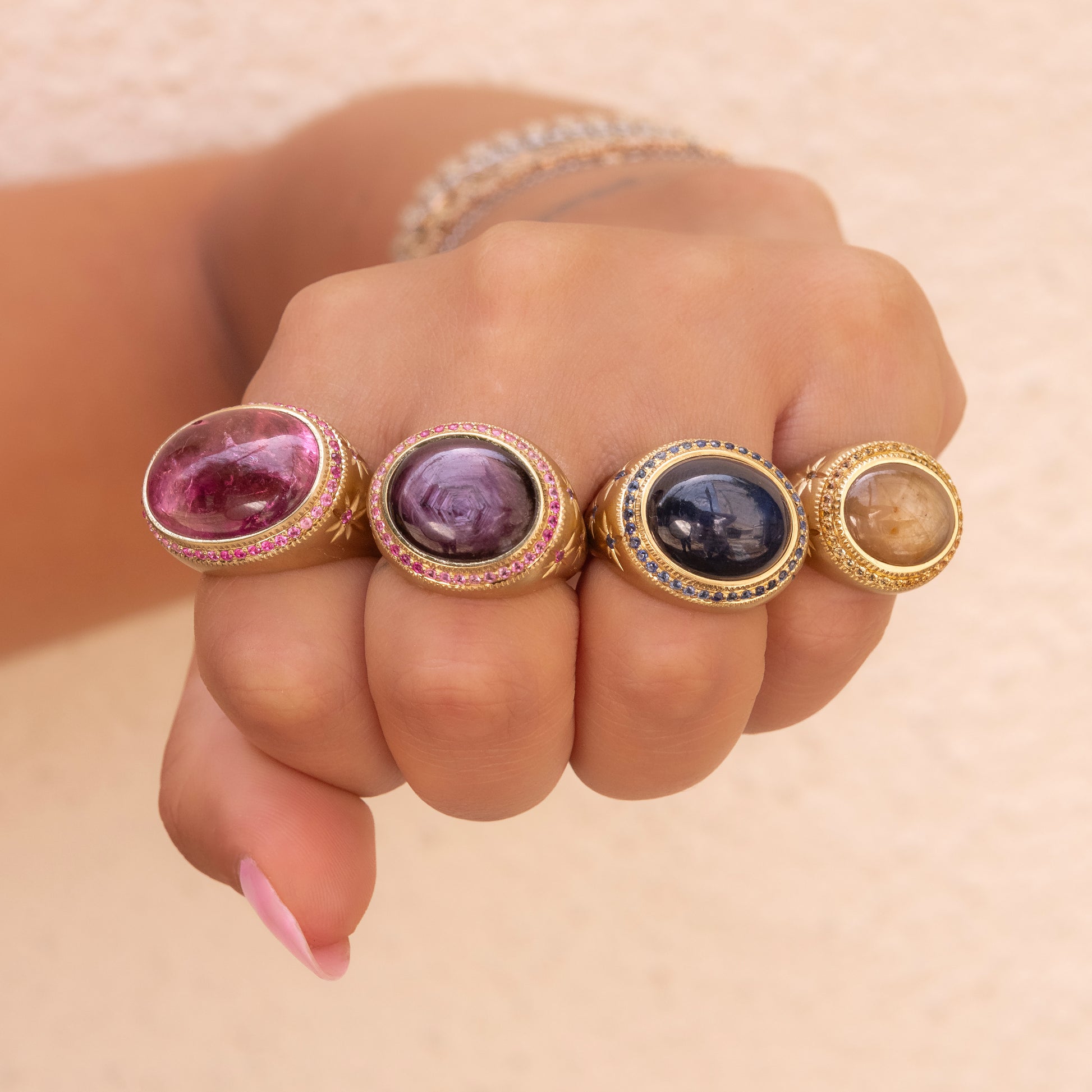 Ombre Sapphire Border + Star Ruby Starburst Ring