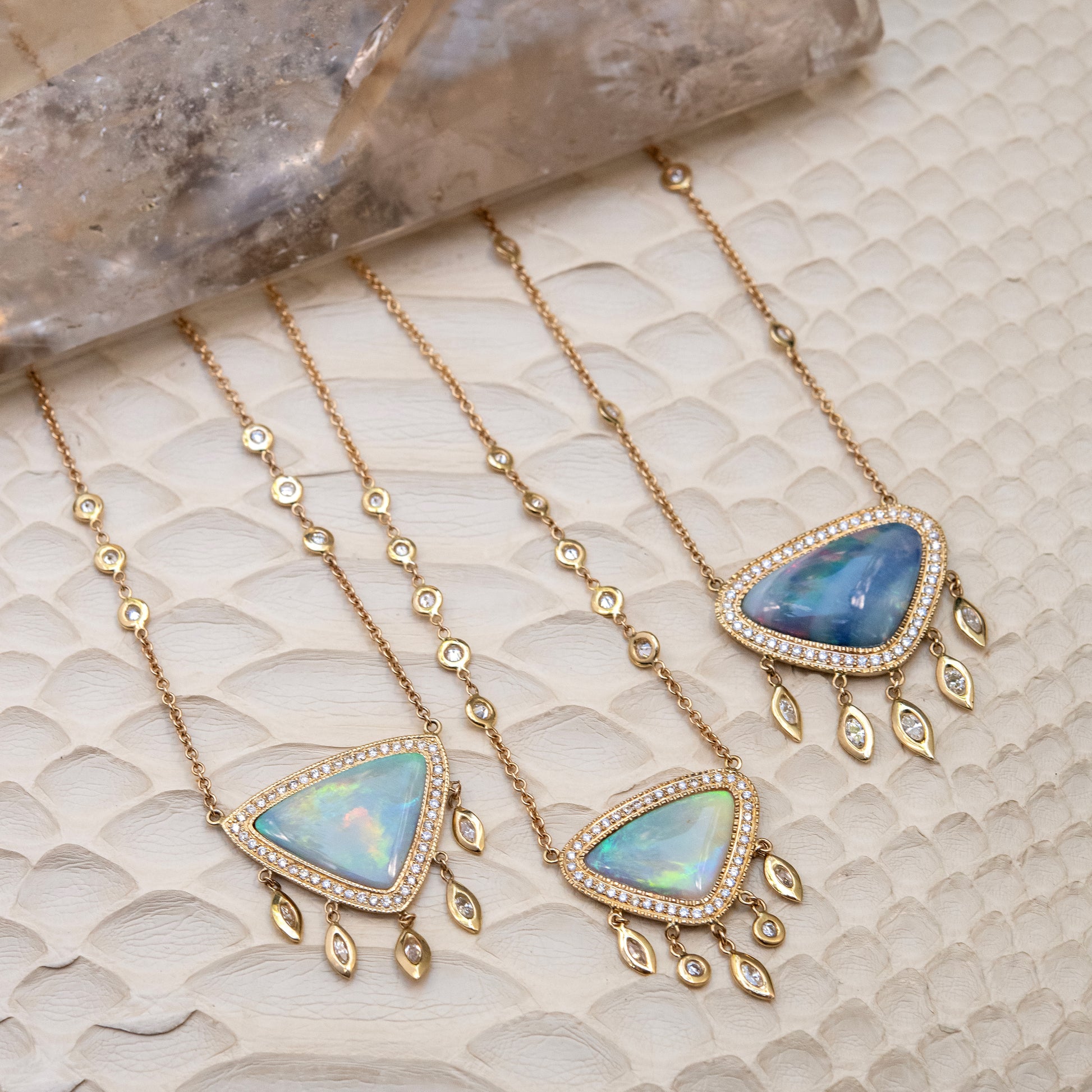 PAVE OPAL TRILLION + MARQUISE + ROUND DIAMOND SHAKER NECKLACE
