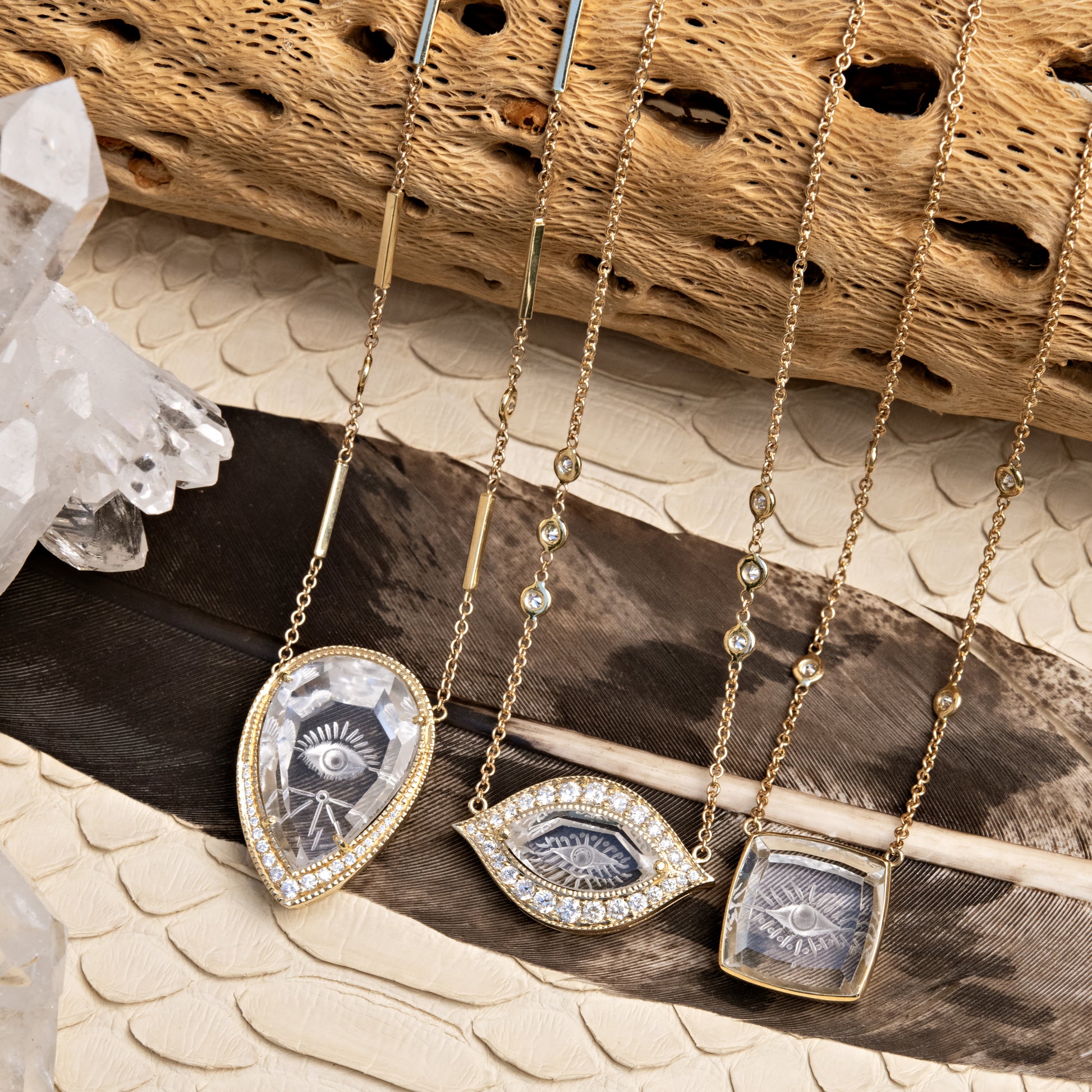Pavé Carved Eye Burst Clear Quartz Marquise Necklace
