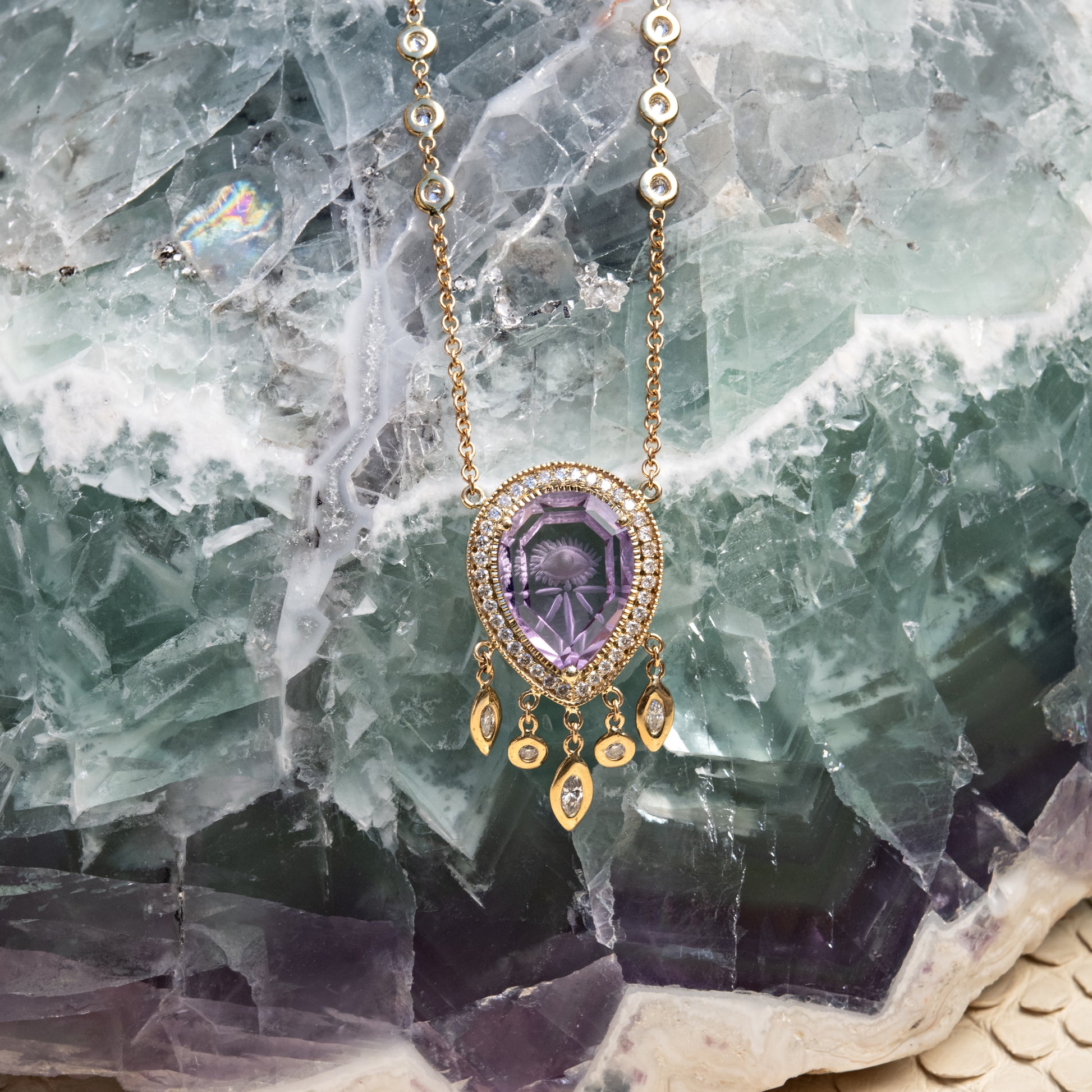 Pavé Carved Eye Burst Amethyst Teardrop Shaker Necklace