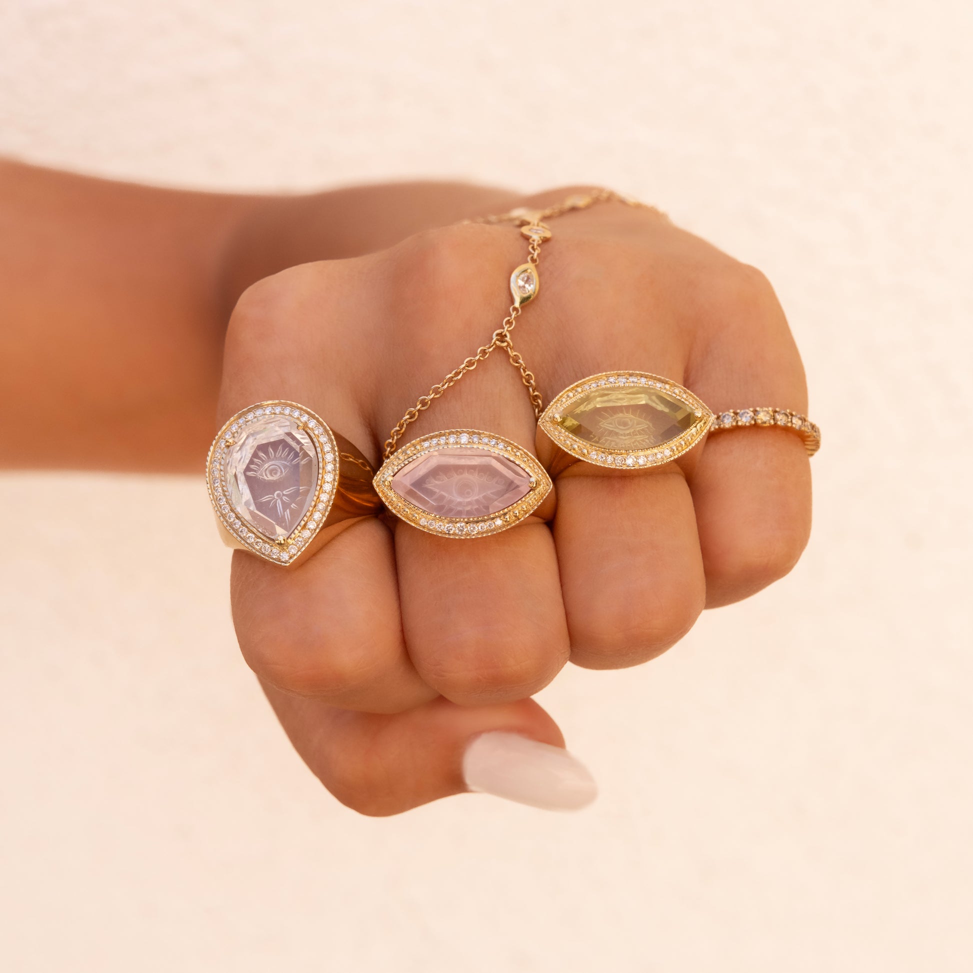 Pave Carved Eye Burst Rose Quartz Marquise Ring