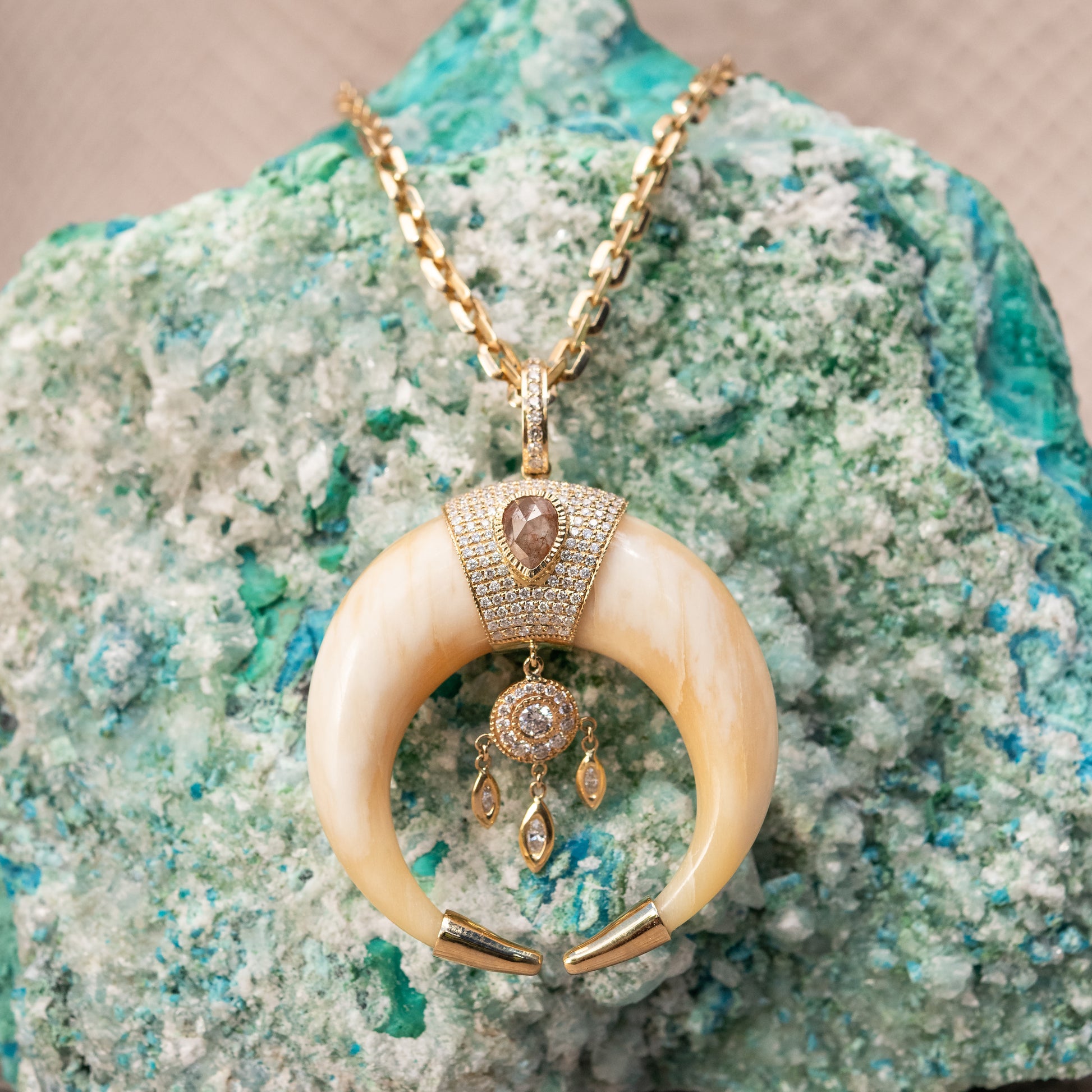 Large Pave Rose Cut Cap Bone Double Horn Dreamcatcher Shaker Charm