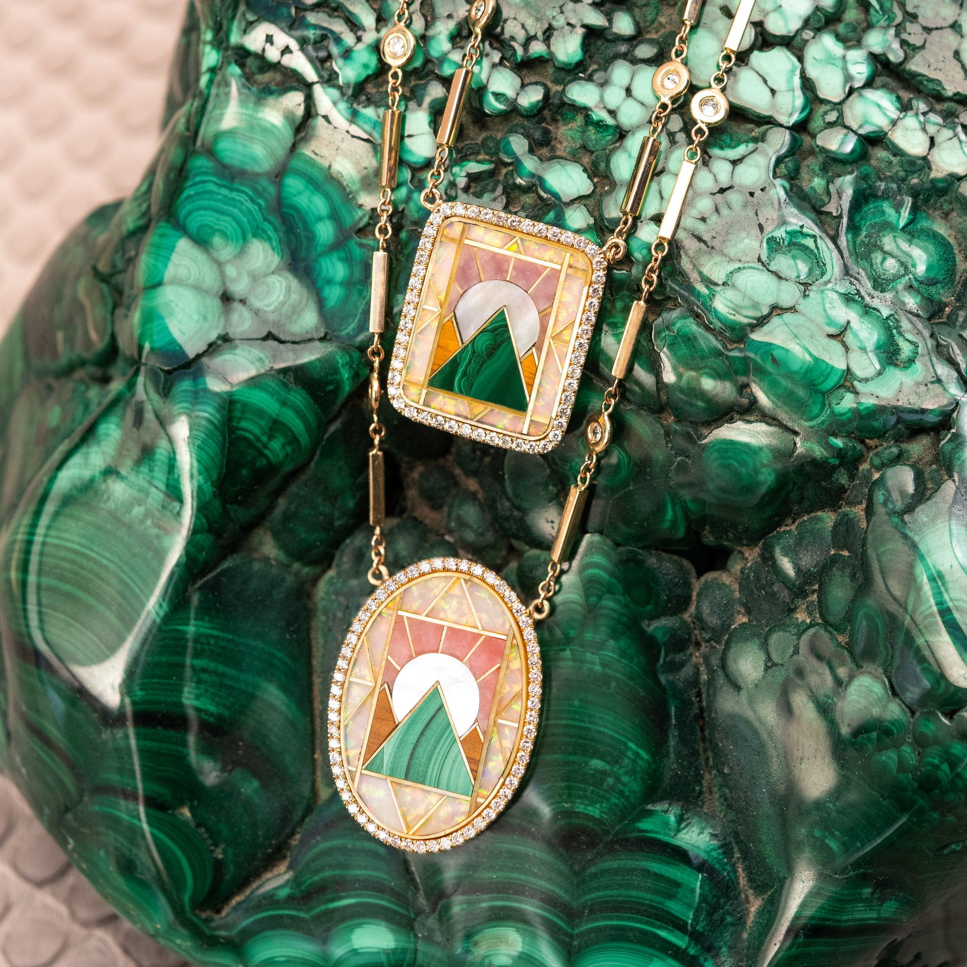 Pave Rectangle Pyramid Scenic Gemstone Inlay Necklace