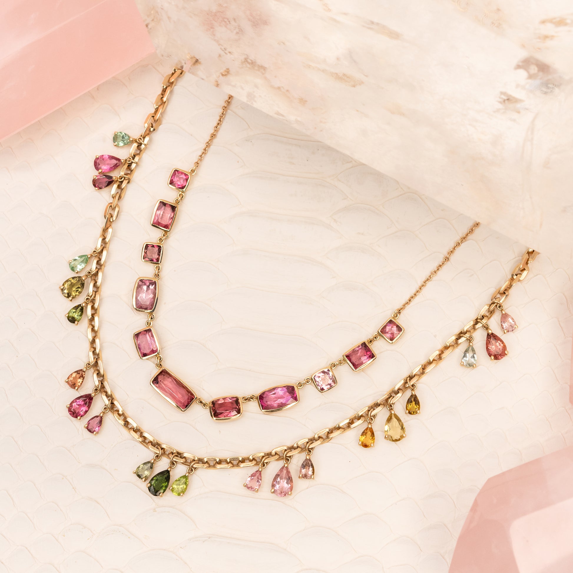 3x7 Multi Tourmaline Teardrop Shaker Moe Chain Necklace