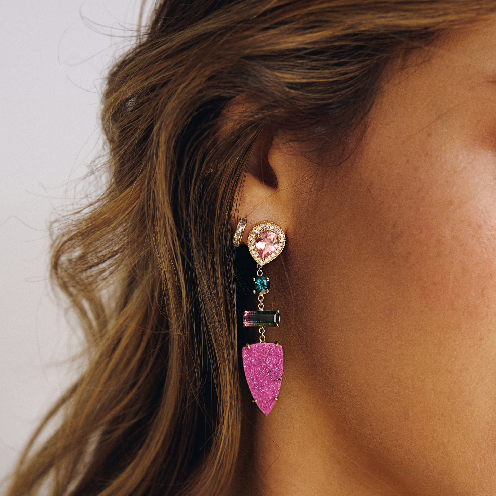 Pave Assorted Tourmaline + Trillion Druzy Earrings