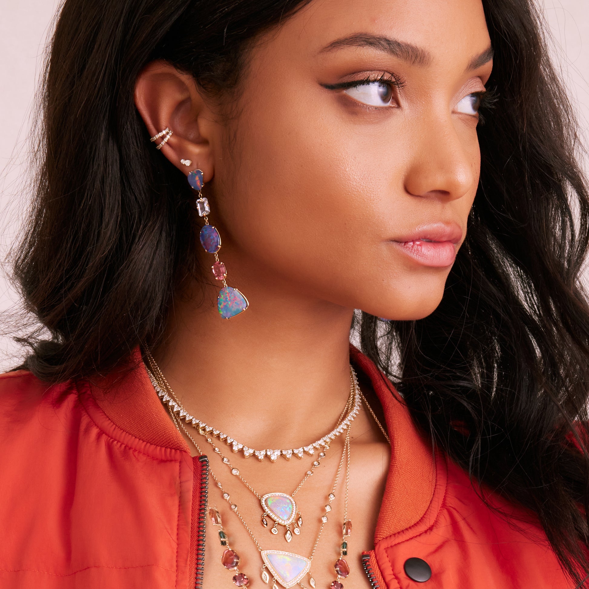 Opal, Aquamarine + Pink Tourmaline Earrings