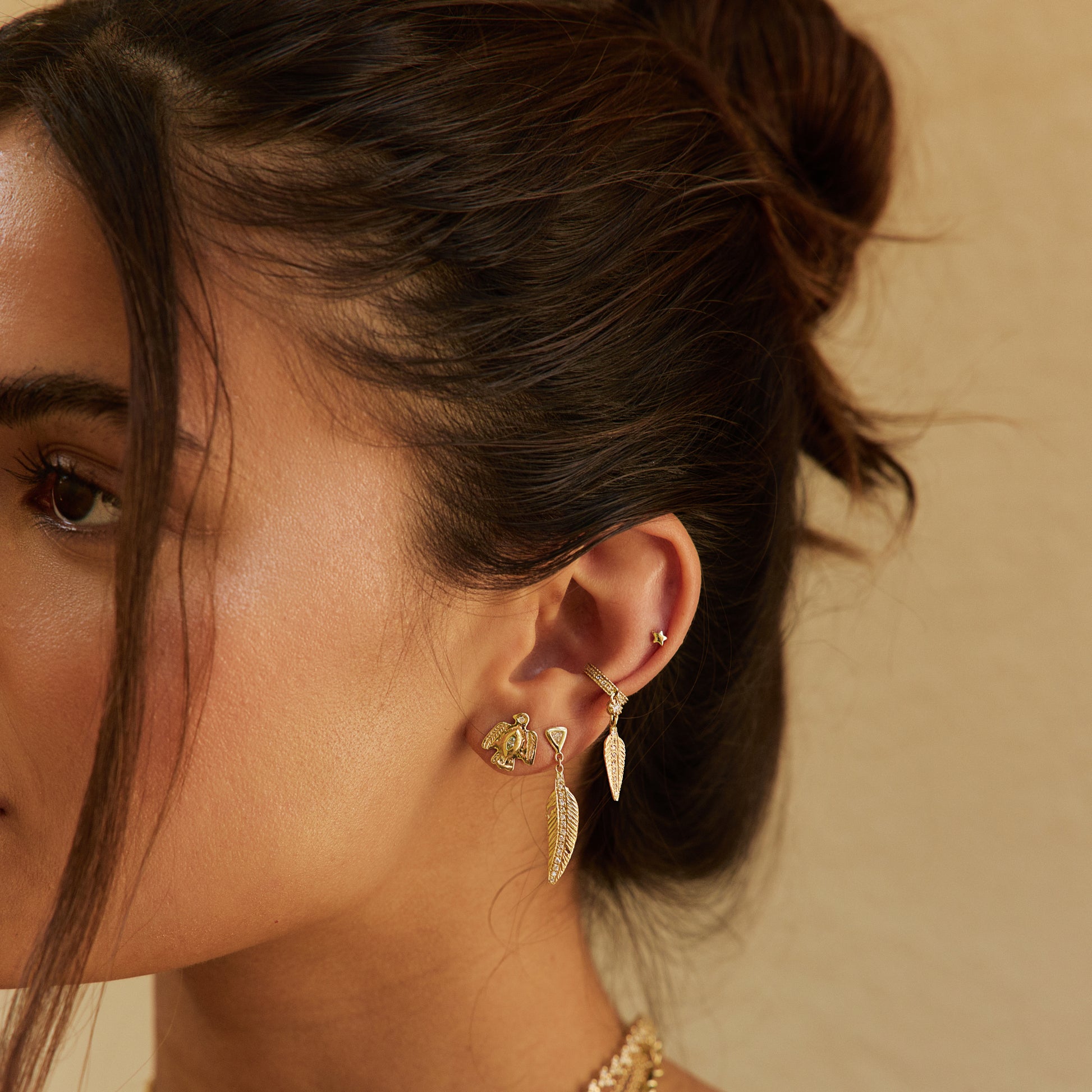 Trillion Diamond + Pave Feather Drop Stud Earring