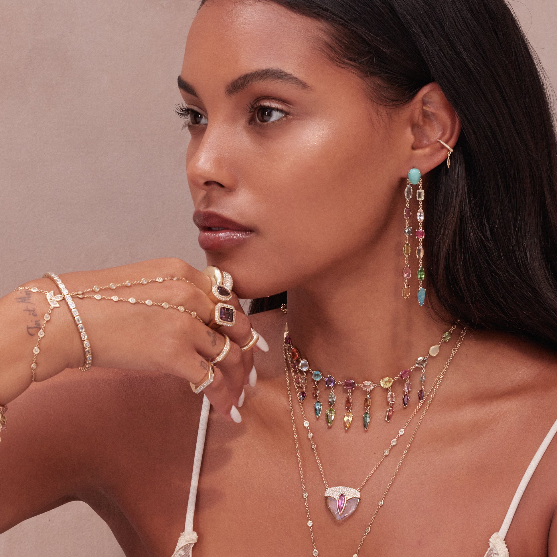 Large Pave Teardrop + Baguette Pink Tourmaline Open Ring
