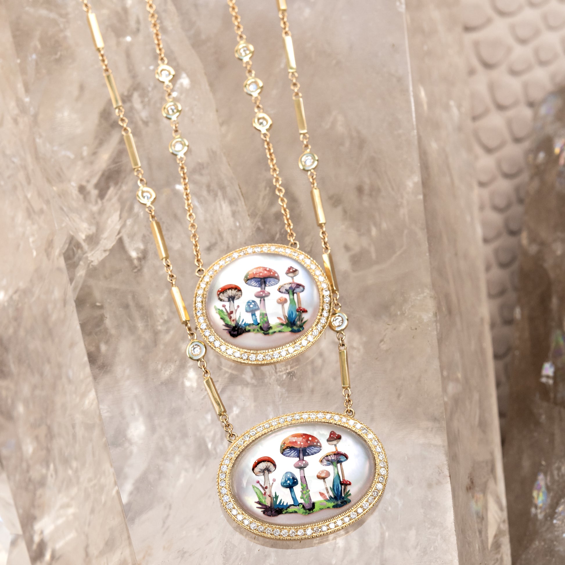 Large Hand Painted Mushroom Garden on Mother of Pearl Smooth Bar Necklace