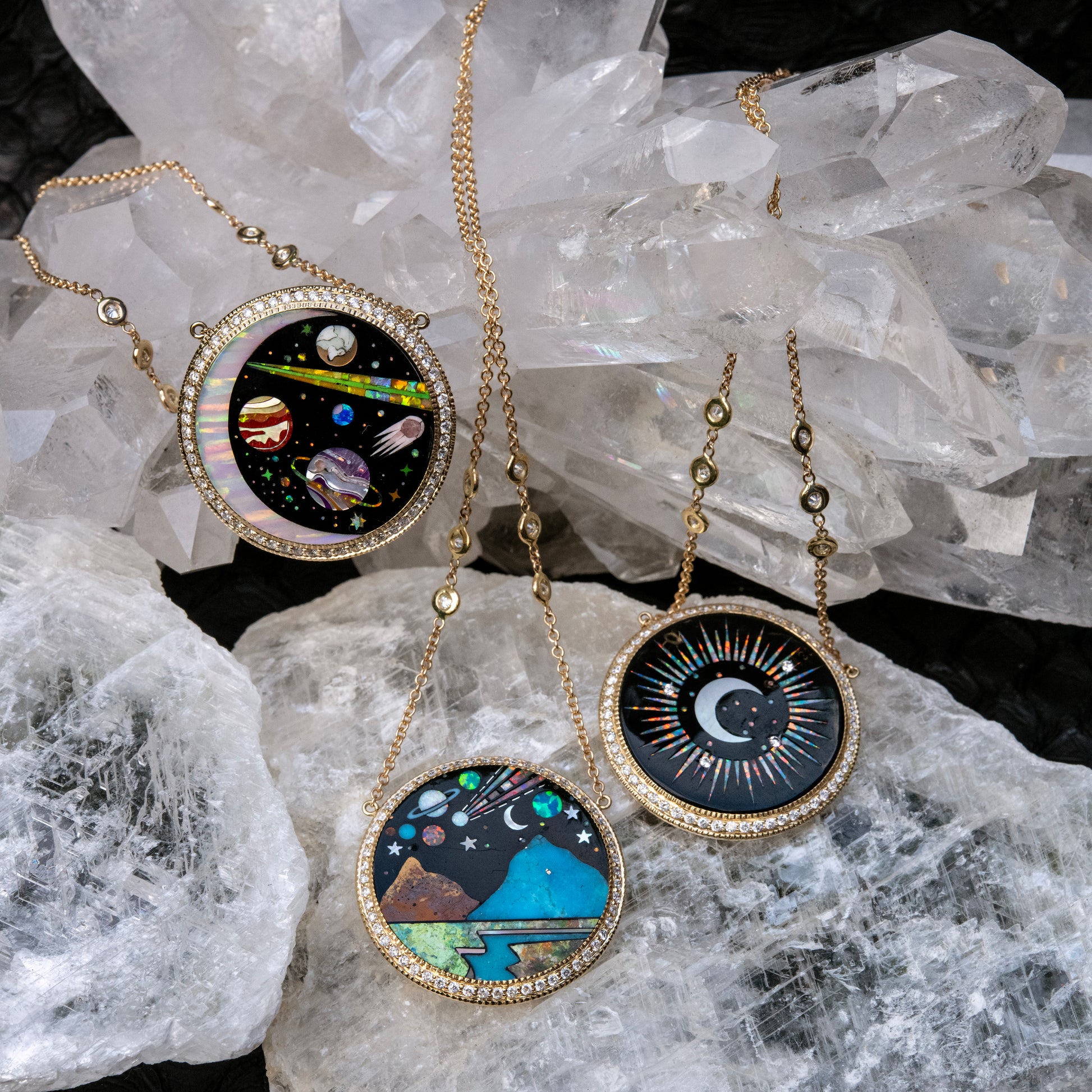 Pavé Round Onyx + Opal Crescent Galaxy Planet Inlay Necklace