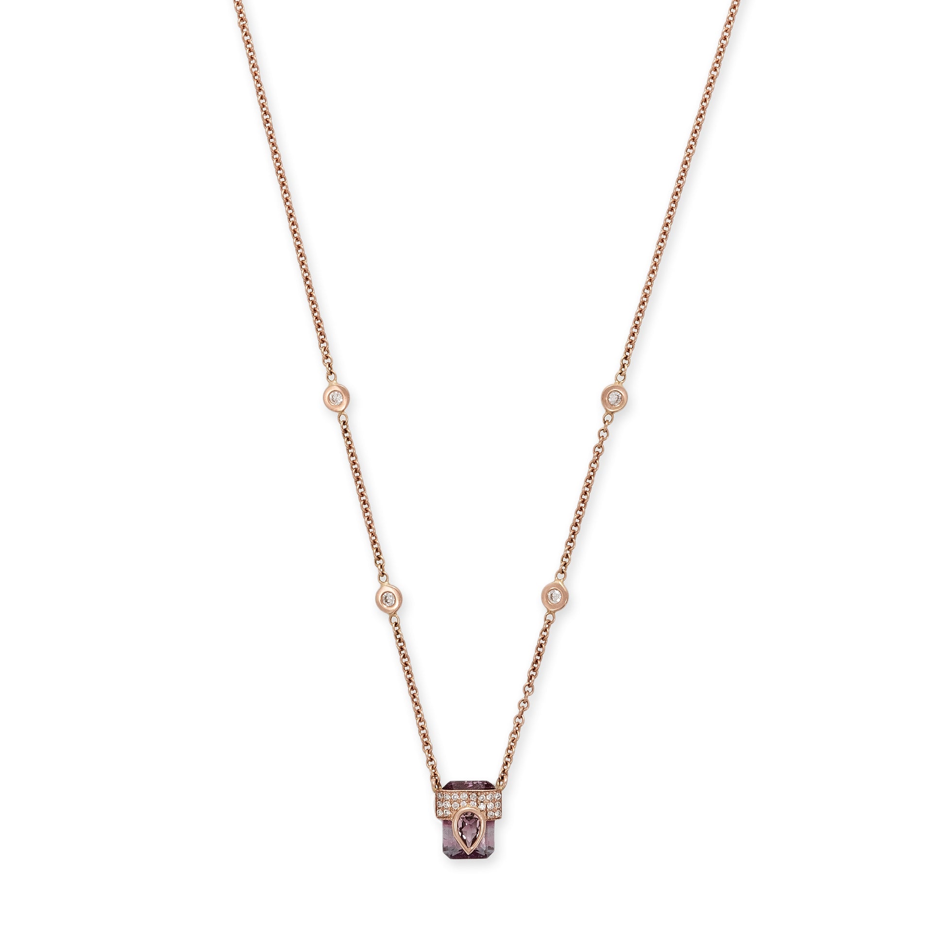 Pave Pink Tourmaline Teardrop Cap + Baby Pink Purple Tourmaline Baguette Necklace