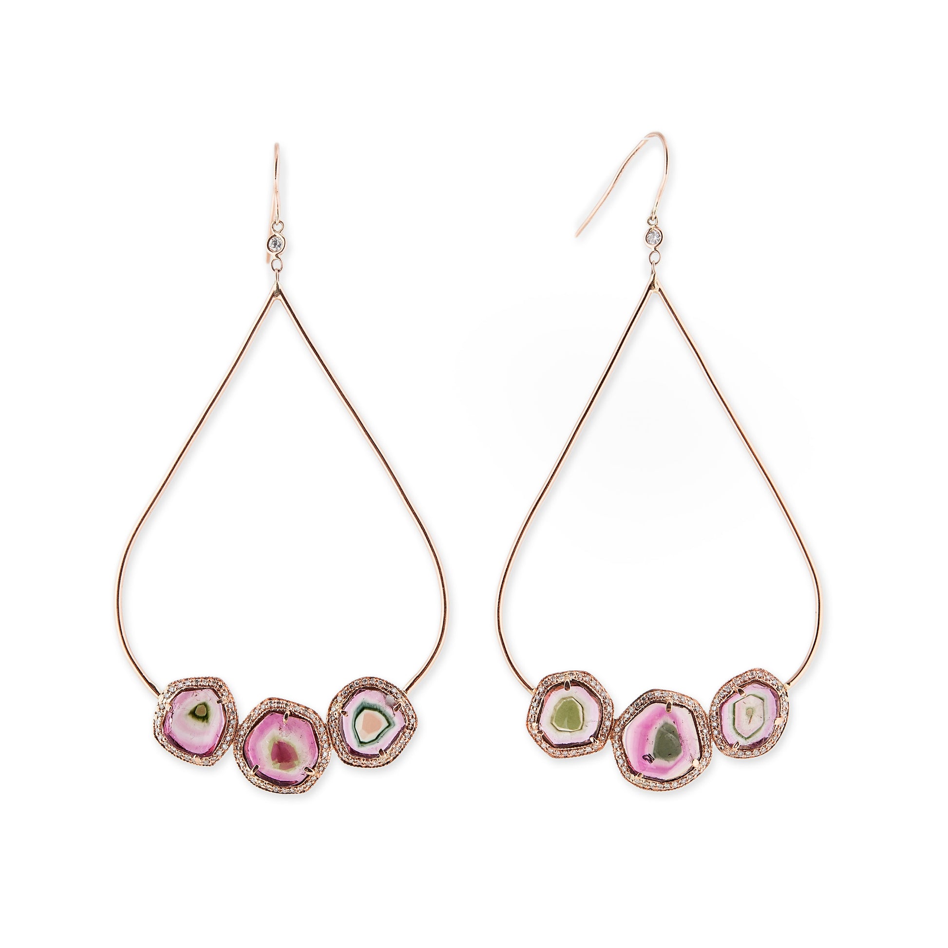 PAVE TRIPLE WATERMELON TOURMALINE SLICE TEARDROP HOOP EARRINGS