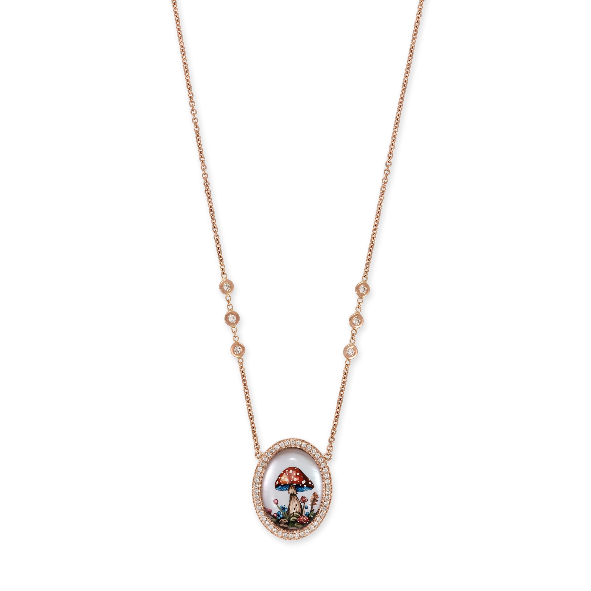 Hand Painted Red Mushroom Garden on Mother of Pearl Necklace