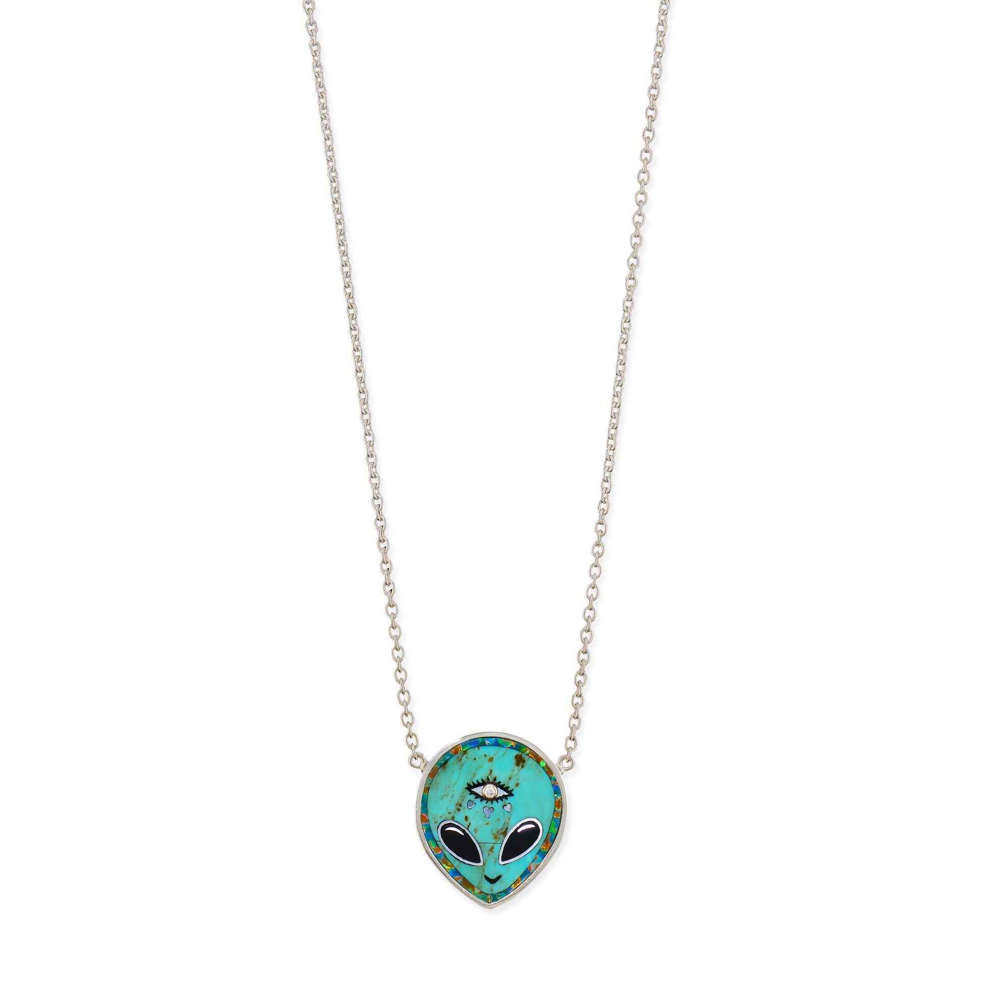 Silver Small Turquoise + Onyx Alien Heart Eye Inlay Necklace