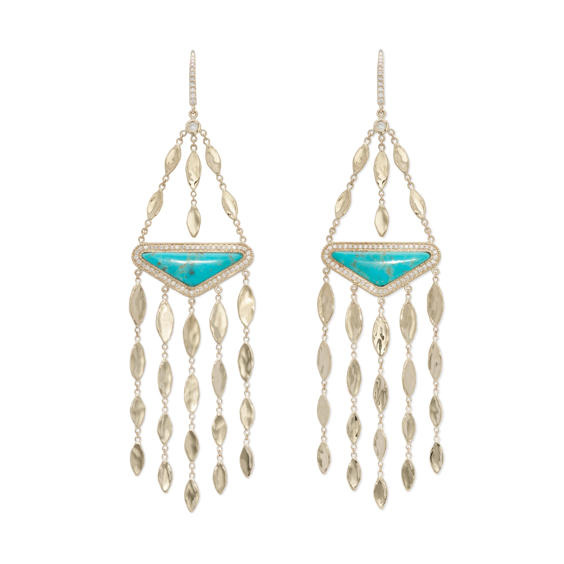 Pave Turquoise Trillion + Hammered Marquise Chandelier Earrings