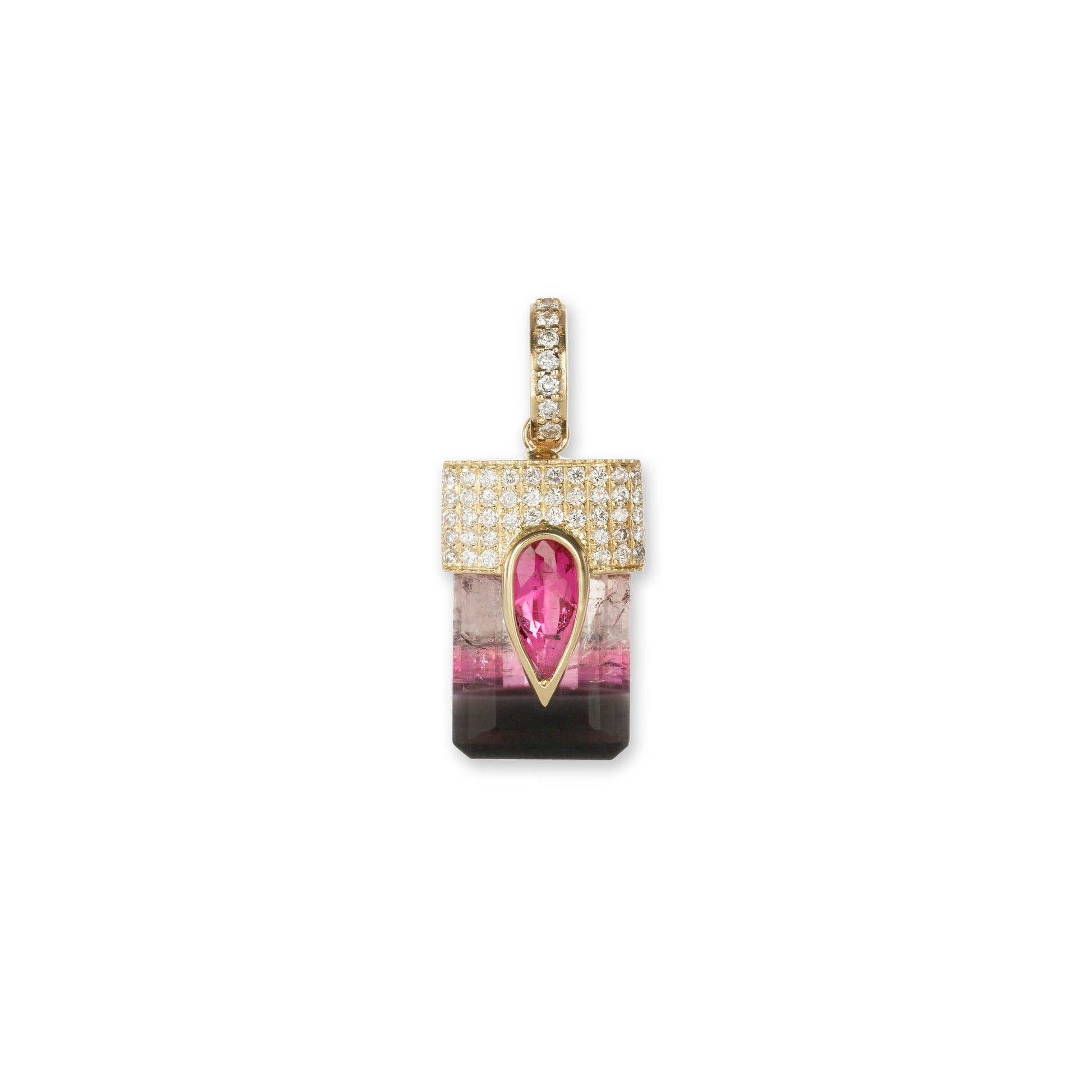 Pave Pink Tourmaline Teardrop Cap + Dark Watermelon Tourmaline Baguette Charm