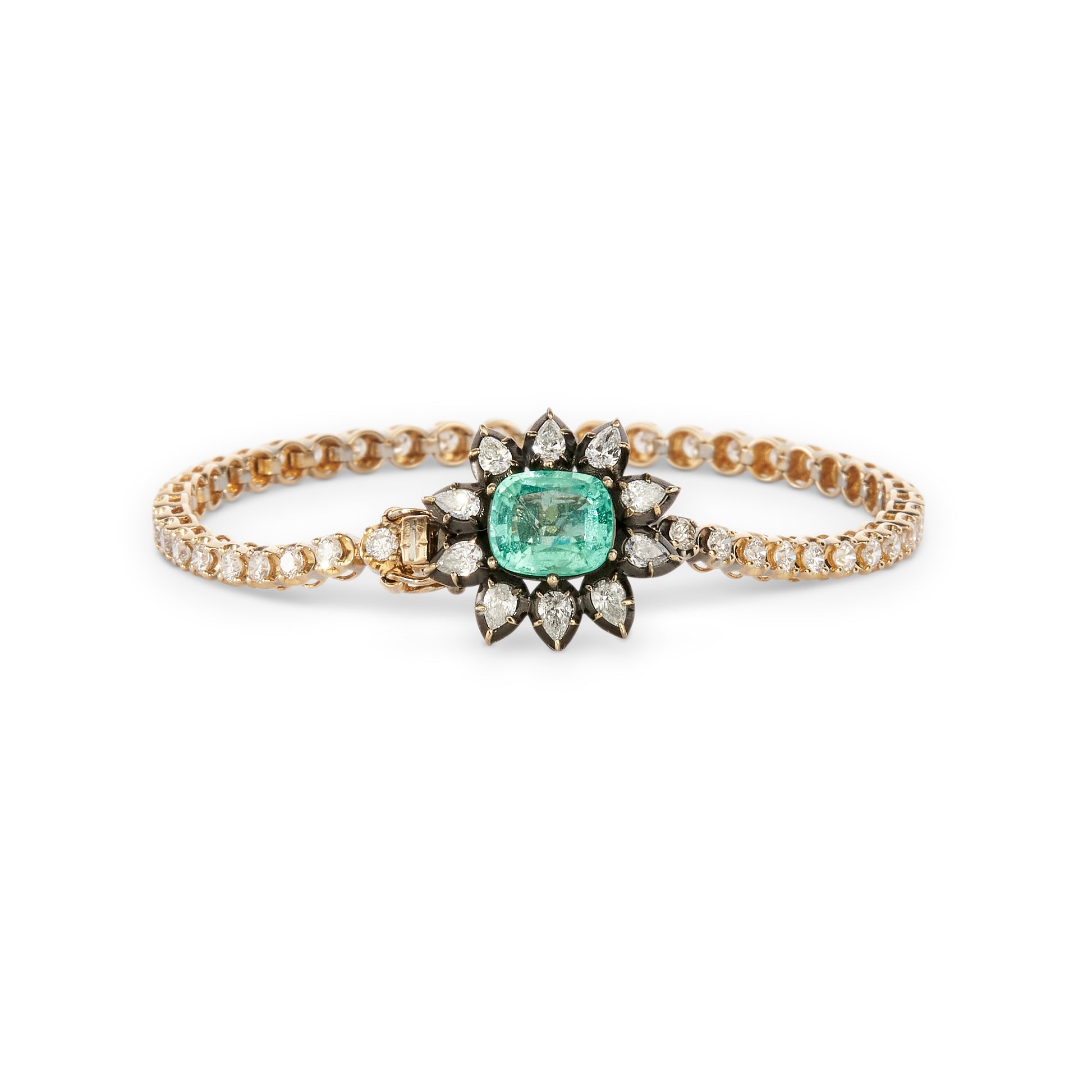 Black Rhodium Emerald Center Teardrop Diamond Flower Sophia Bracelet