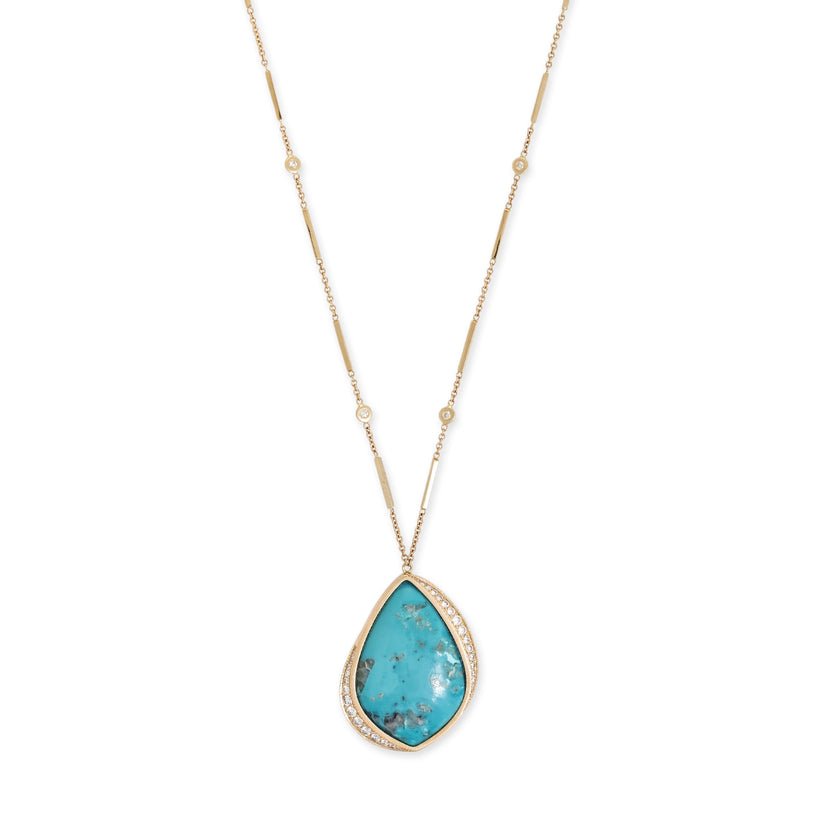GRADUATED PAVE TURQUOISE MARQUISE SMOOTH BAR NECKLACE