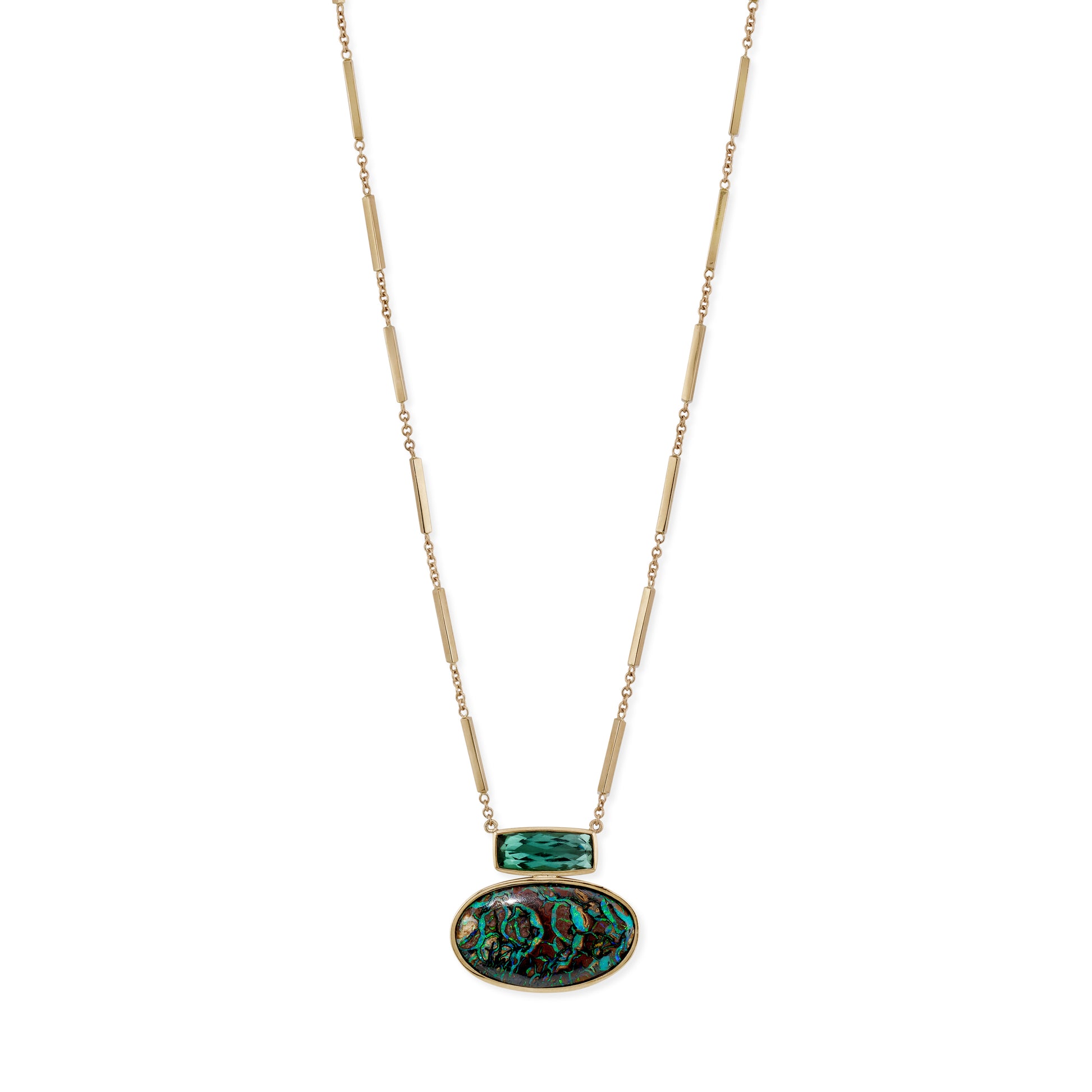 Green Tourmaline Rectangle + Koroit Opal Oval Necklace