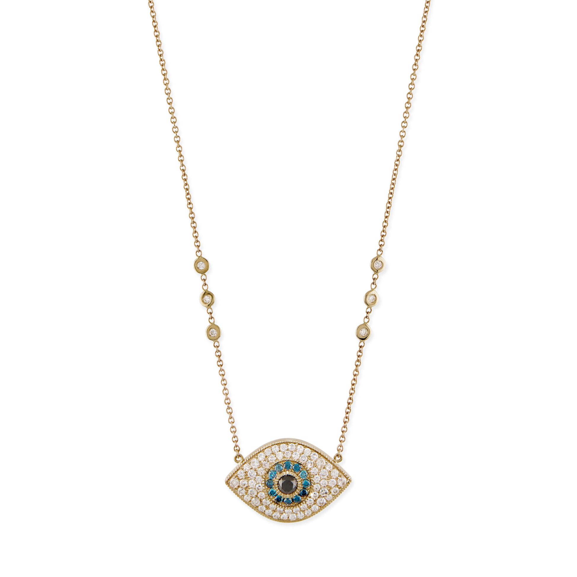 Large Black, Blue and White Pave Diamond Eye Necklace