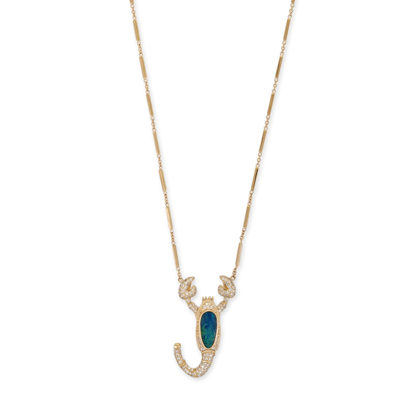 LARGE OPAL PAVE SCORPION SMOOTH BAR NECKLACE