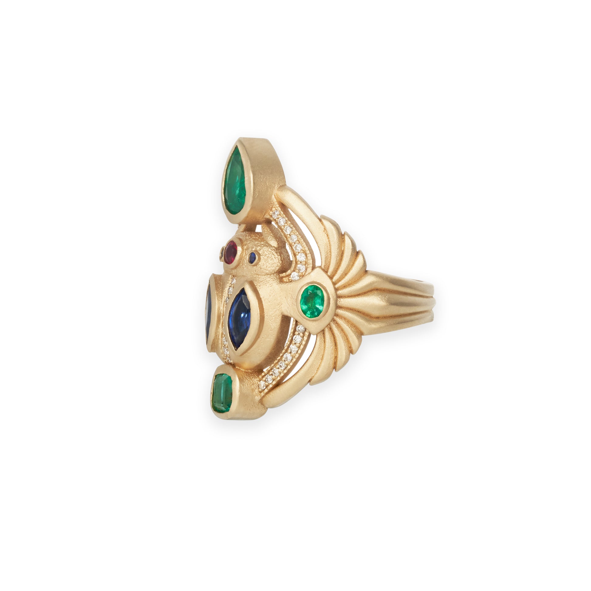 Large Pave Emerald, Sapphire, Ruby Scarab Ring