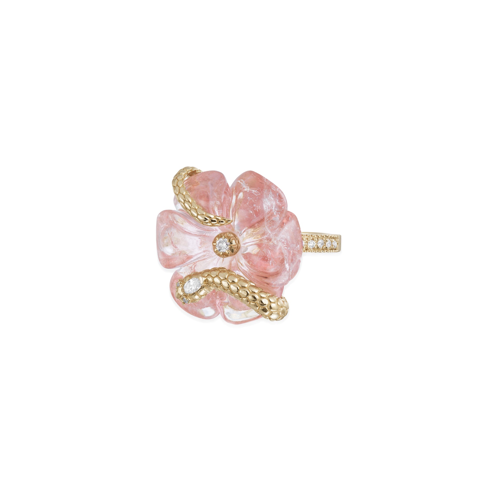 Large Snake Wrapped Pink Tourmaline Flower Pave Ring