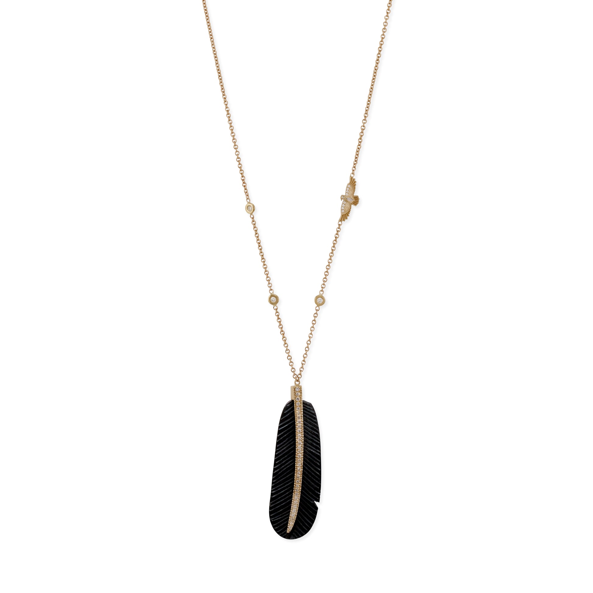 Pave Black Horn Feather + Baby Thunderbird Necklace