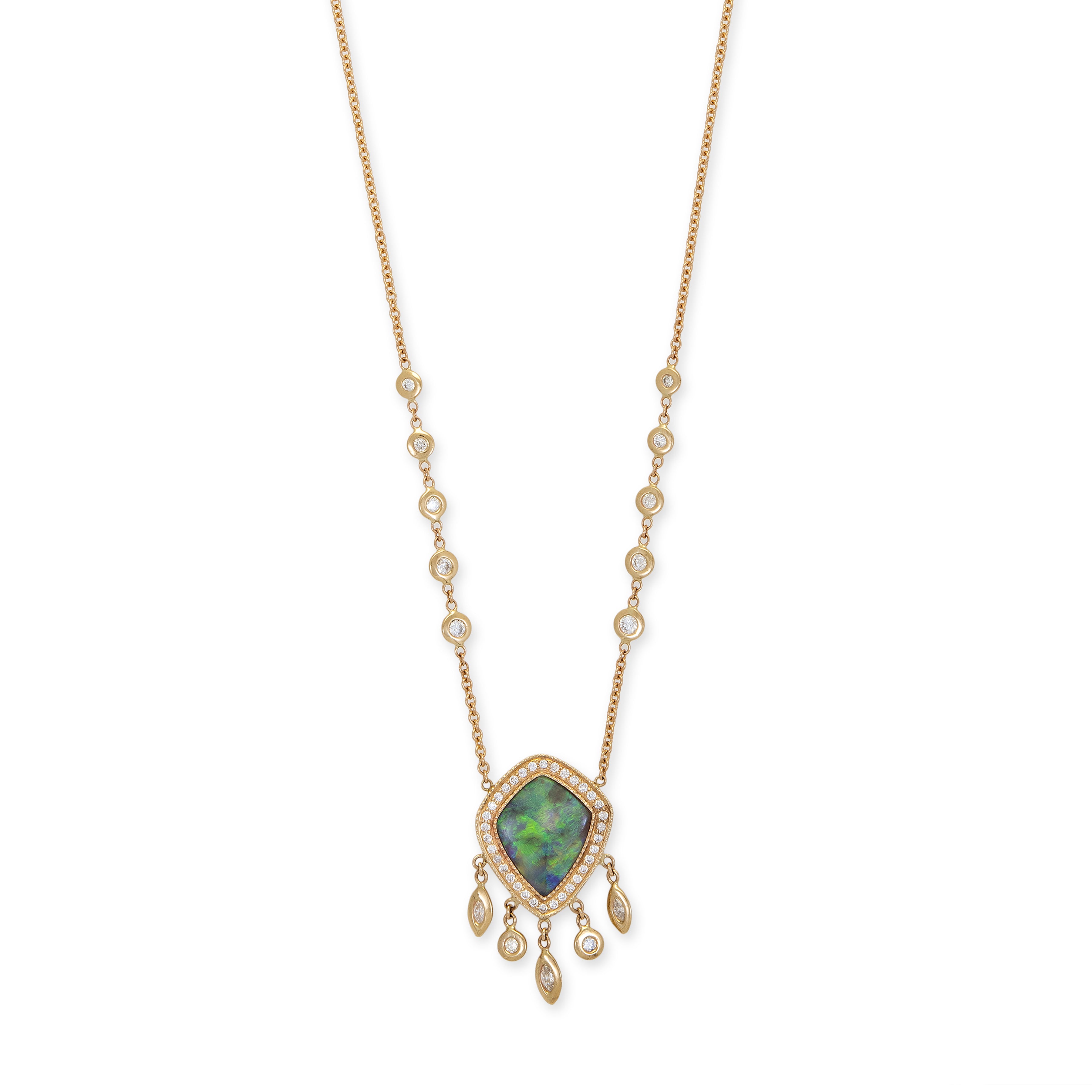 SMALL PAVE OPAL KITE + MARQUISE AND ROUND DIAMOND SHAKER NECKLACE