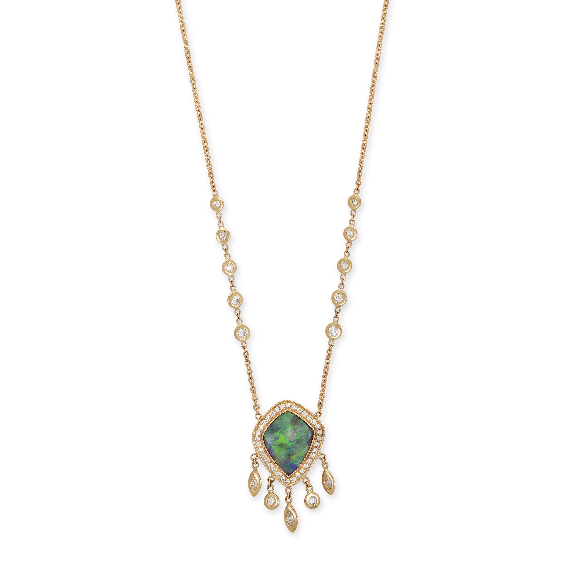 SMALL PAVE OPAL KITE + MARQUISE AND ROUND DIAMOND SHAKER NECKLACE