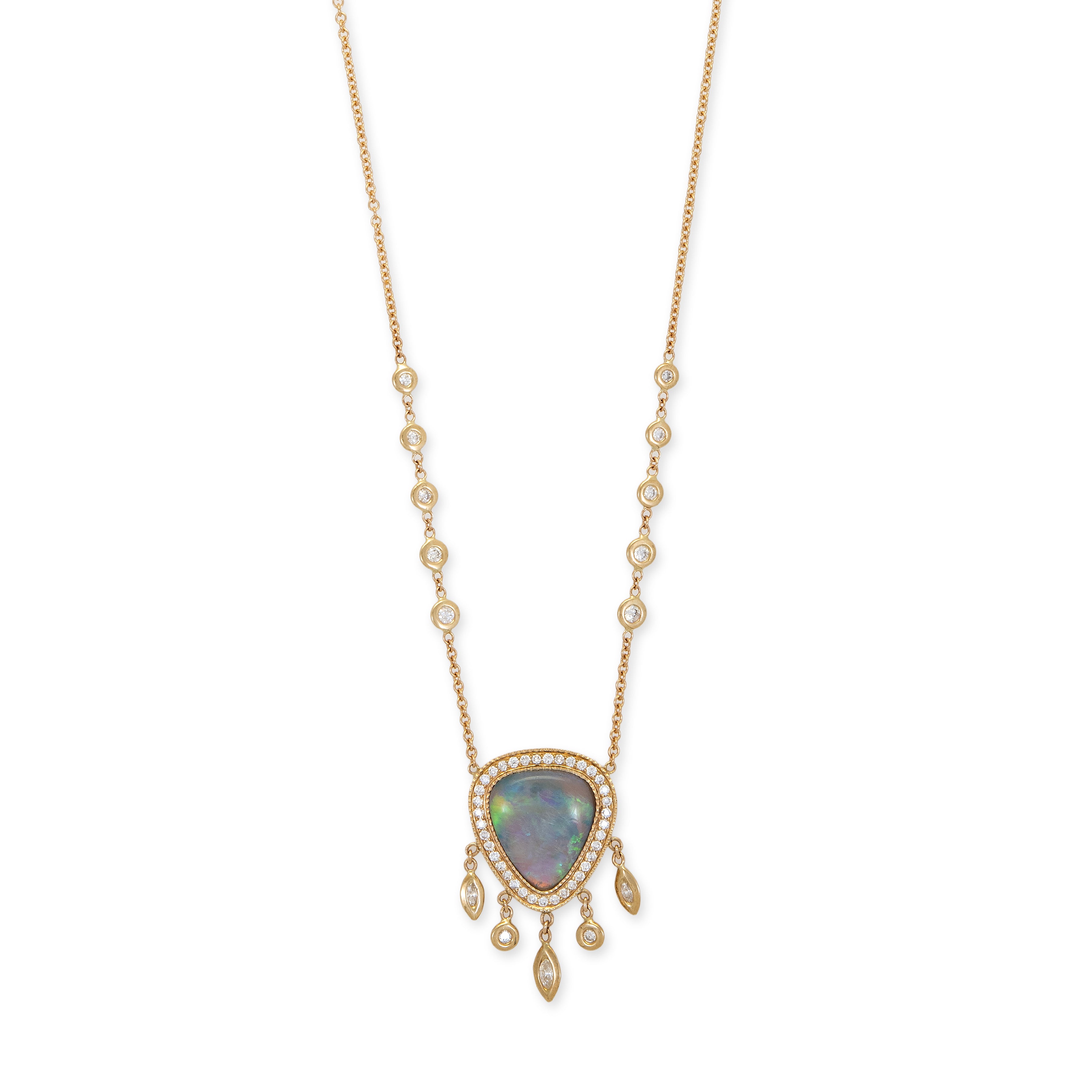 SMALL PAVE OPAL TRILLION + MARQUISE AND ROUND DIAMOND SHAKER NECKLACE
