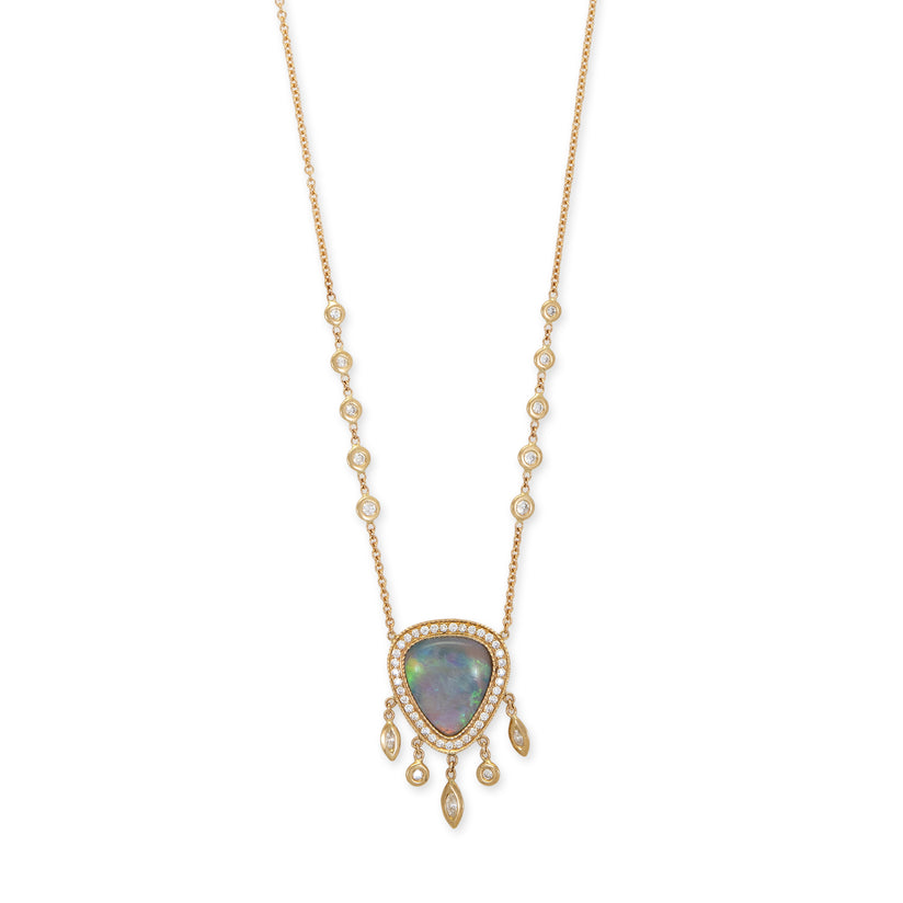 SMALL PAVE OPAL TRILLION + MARQUISE AND ROUND DIAMOND SHAKER NECKLACE