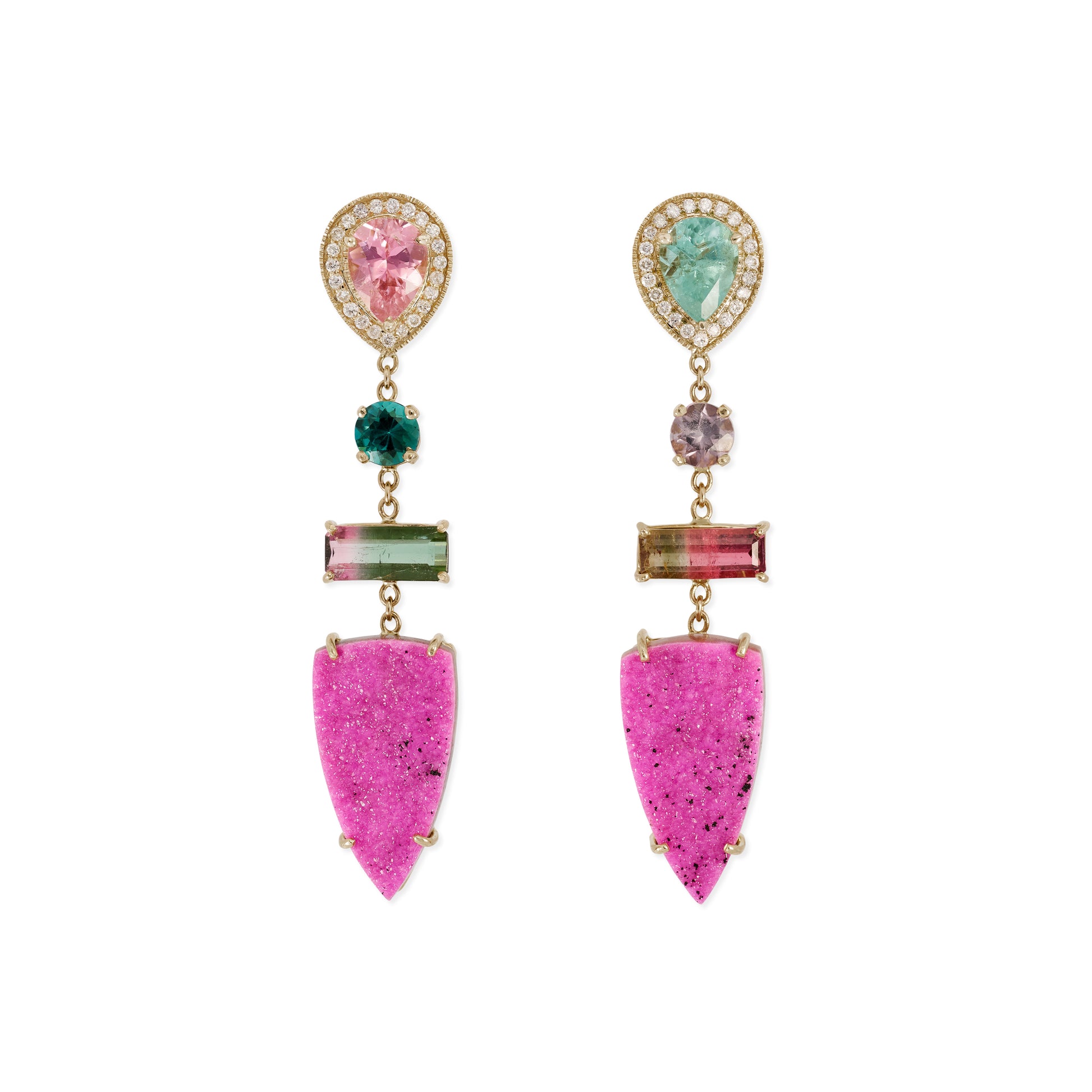 Pave Assorted Tourmaline + Trillion Druzy Earrings