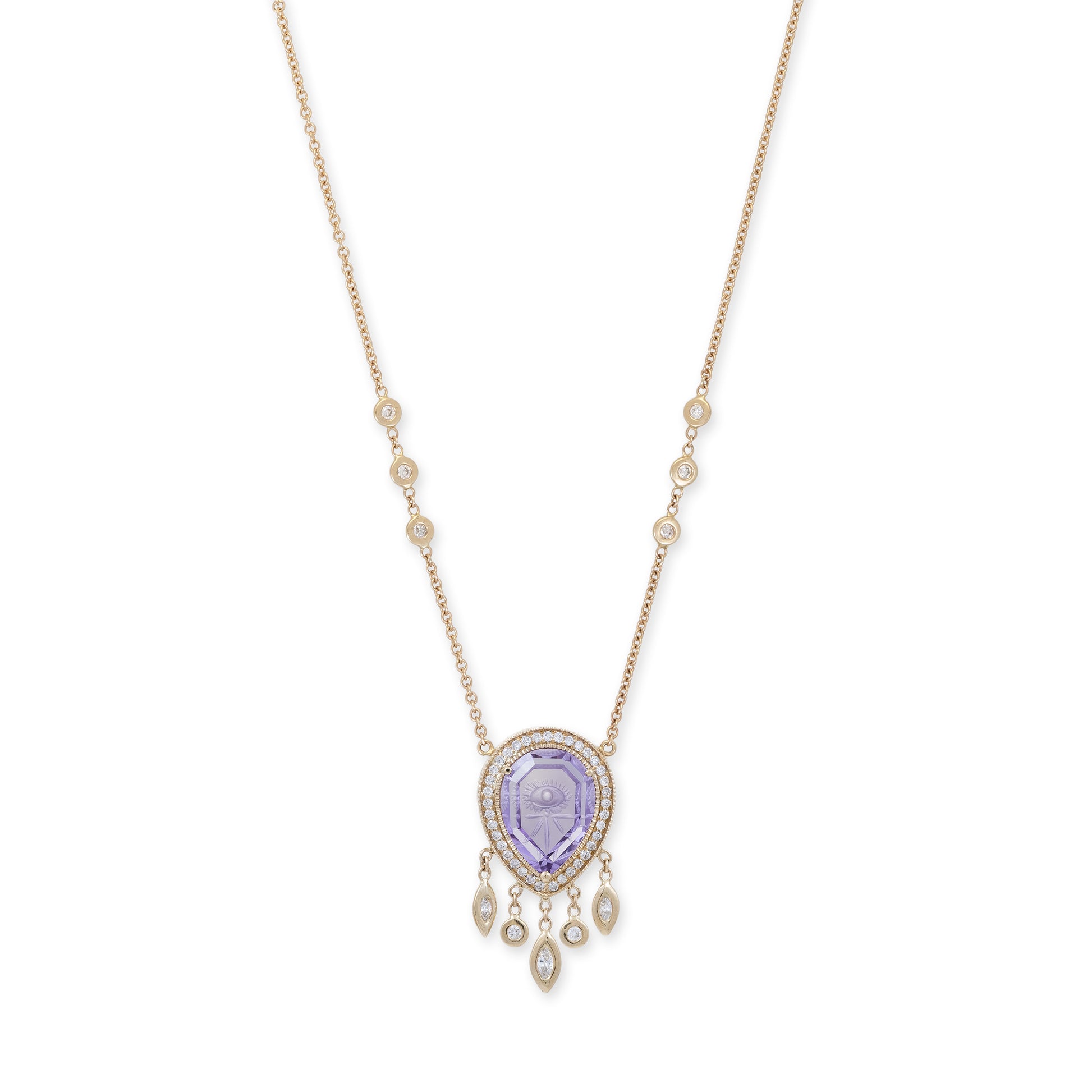 Pavé Carved Eye Burst Amethyst Teardrop Shaker Necklace