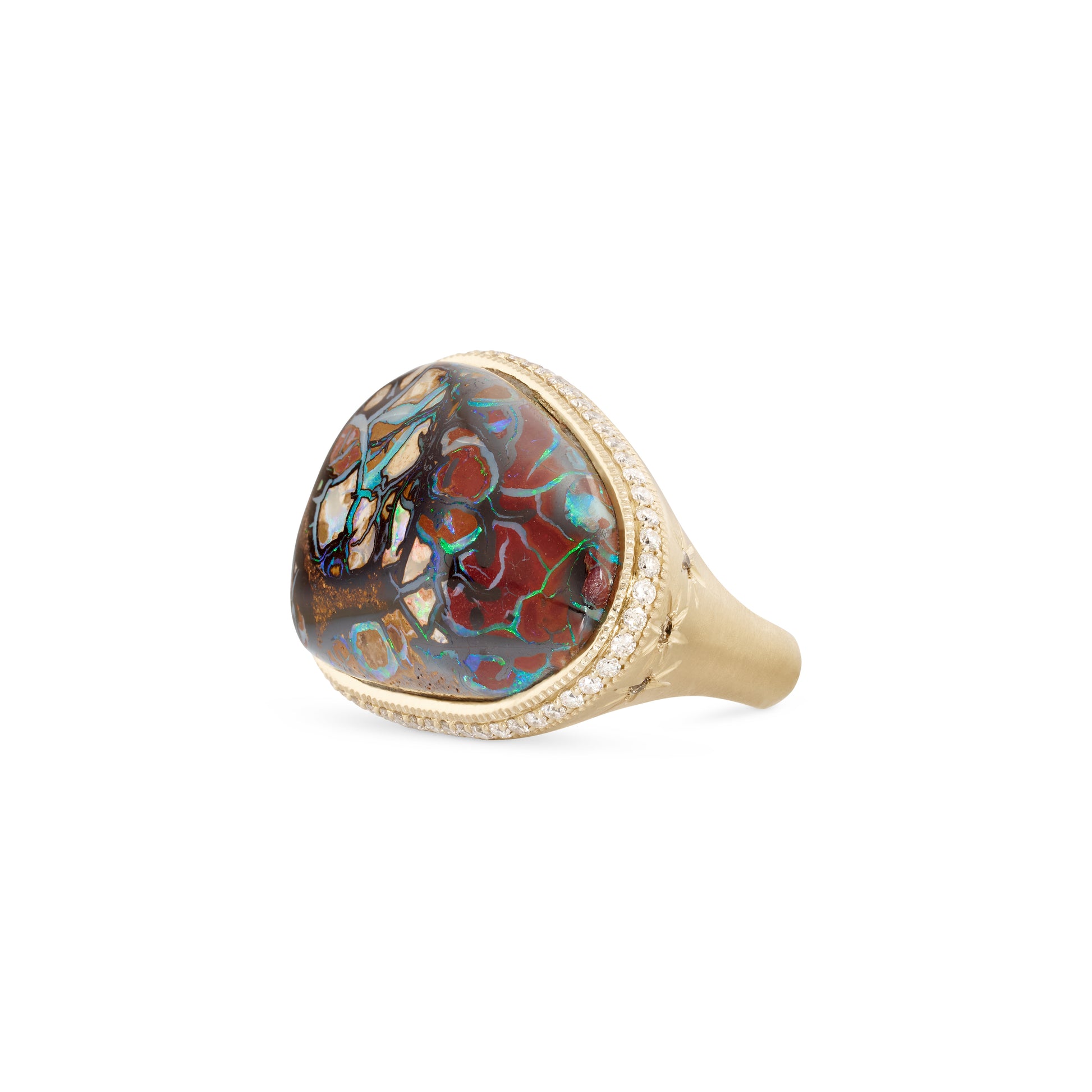 Large Pave Horizontal Freeform Koroit Opal Starburst Sides Ring