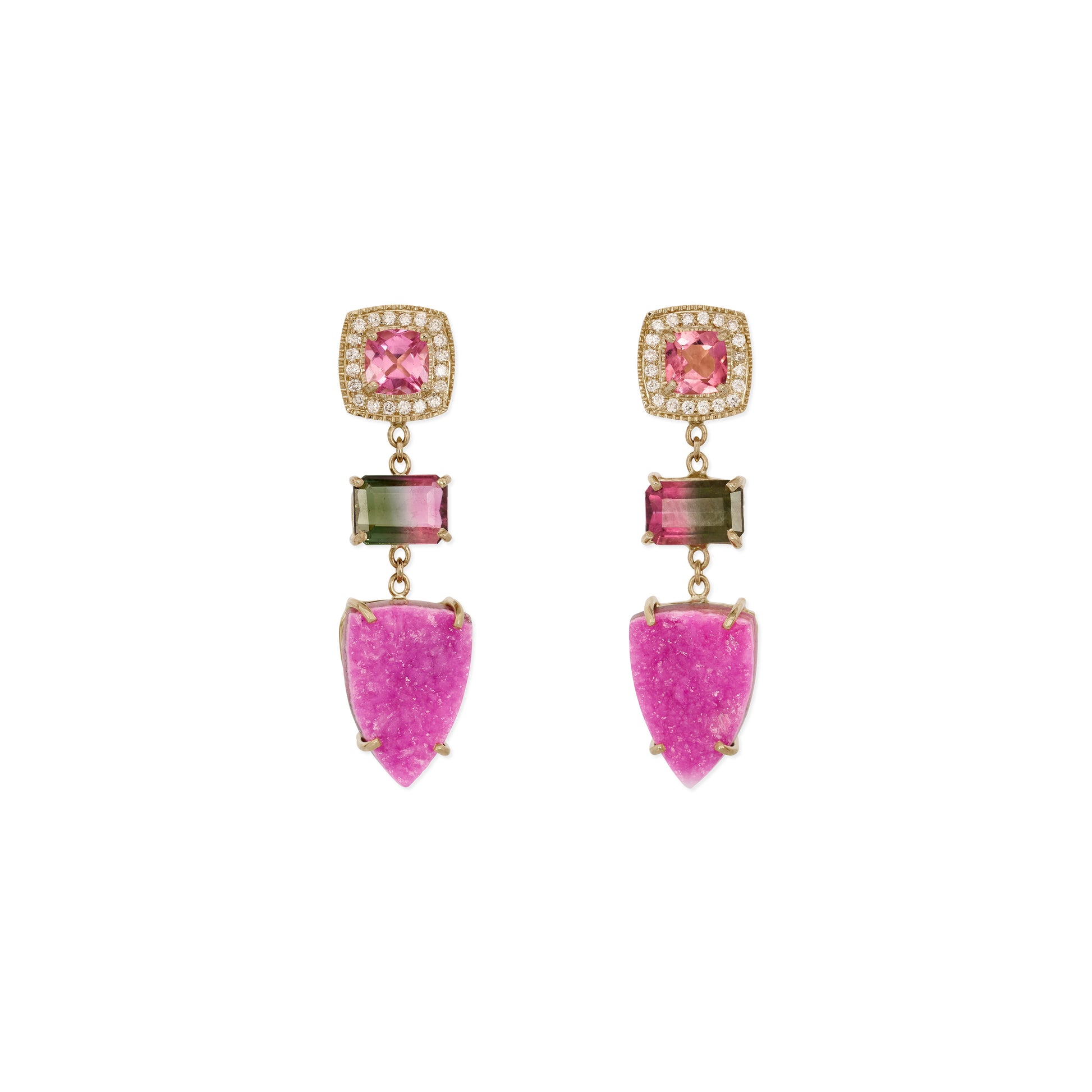 Pave Pink and Watermelon Tourmaline + Trillion Druzy Earrings