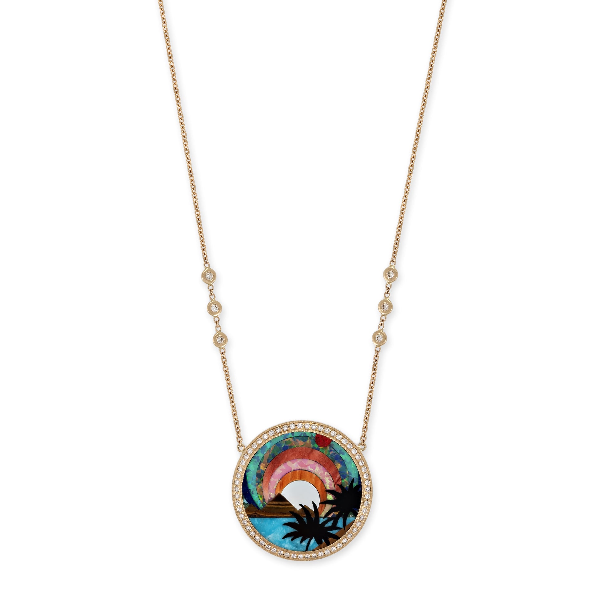 Pave Diamond Tropical Scenic Inlay Necklace