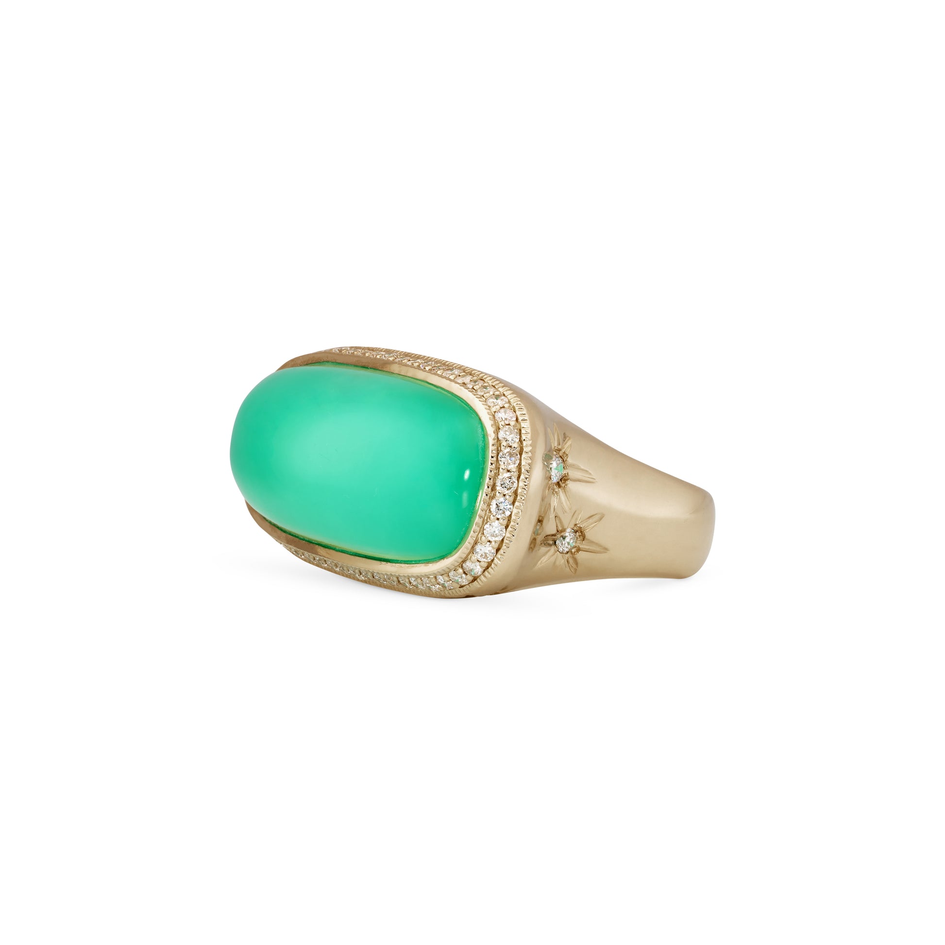Pave Chrysoprase Rectangle Starburst Sides Ring
