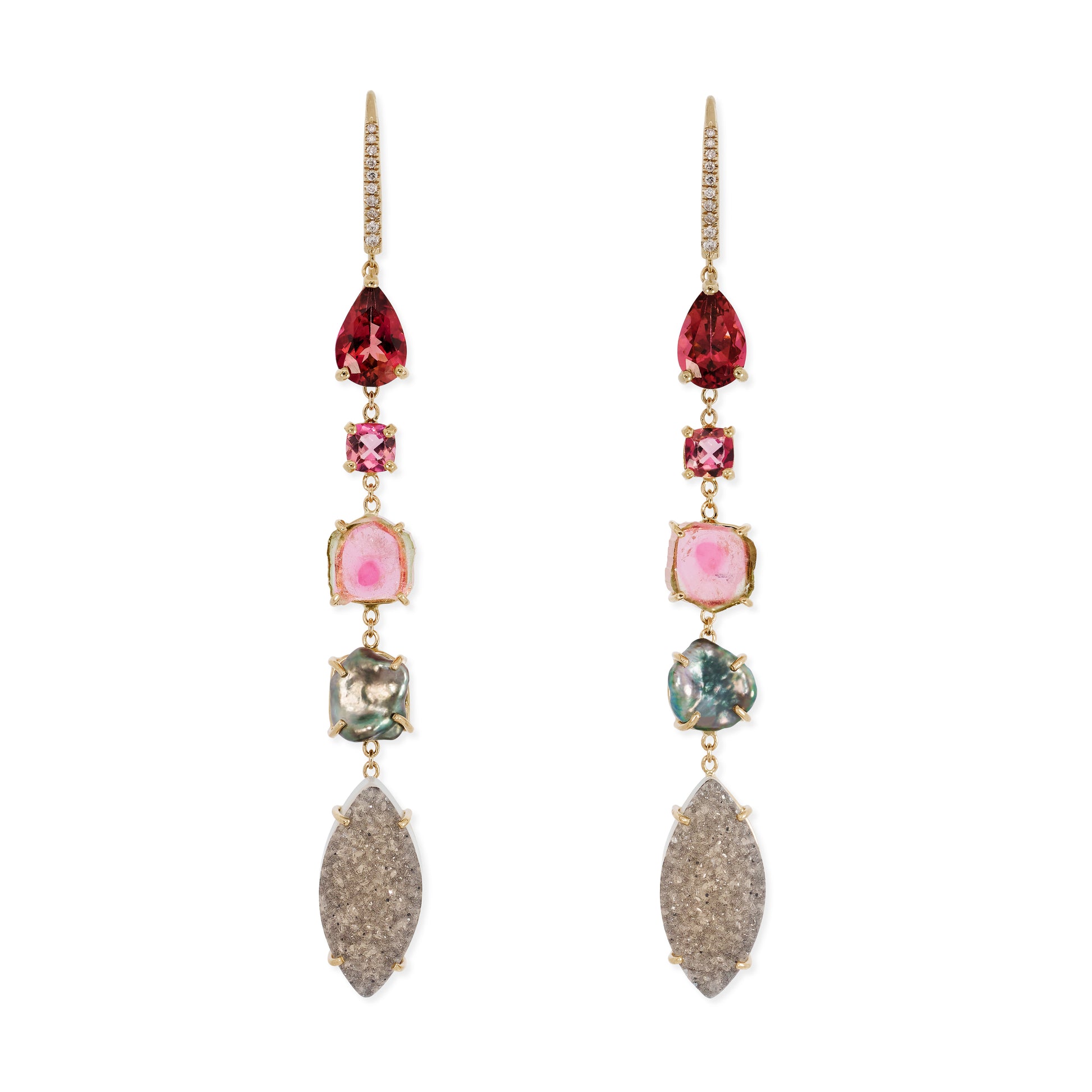 Pave Assorted Tourmaline, Black Pearl + Marquise Druzy Earrings