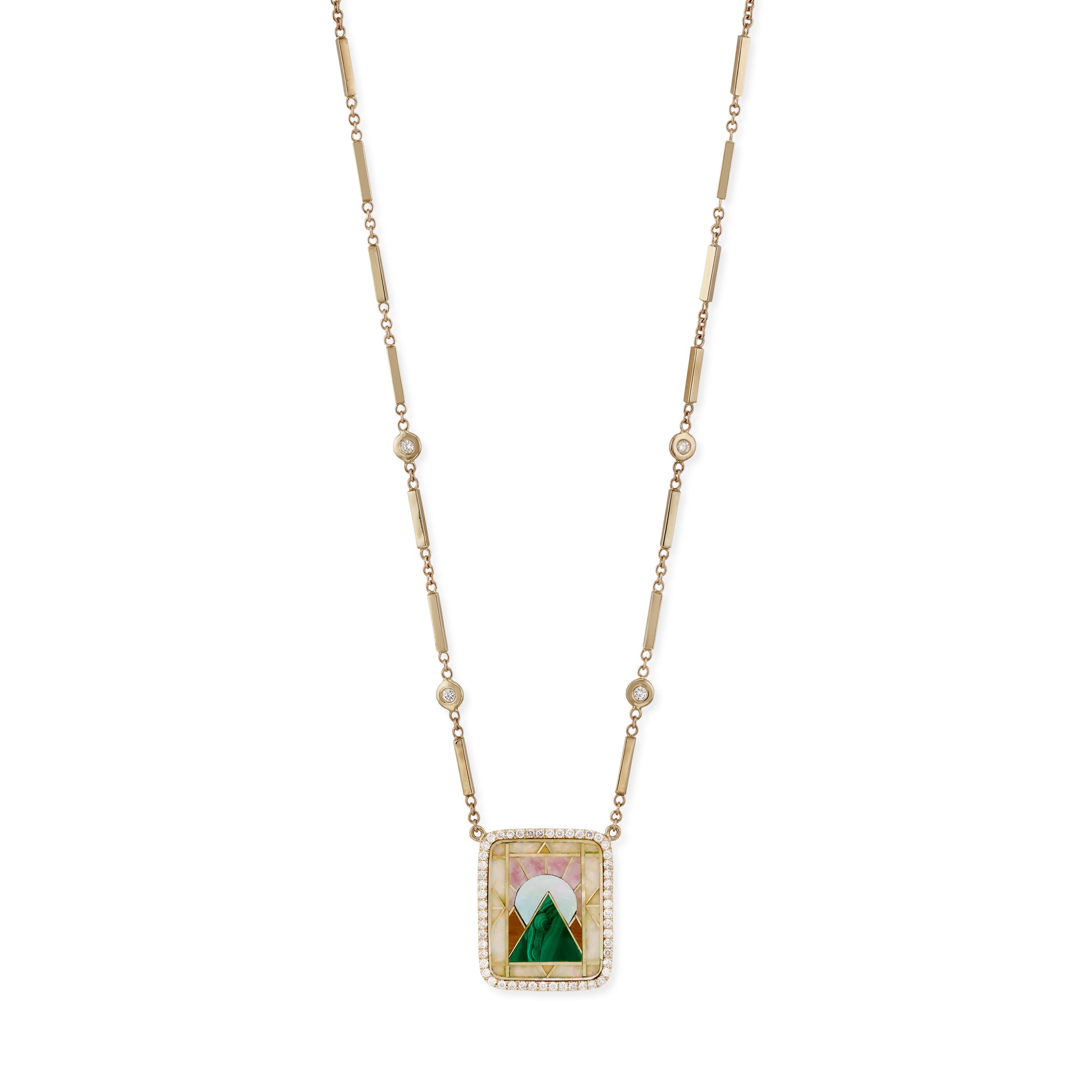Pave Rectangle Pyramid Scenic Gemstone Inlay Necklace