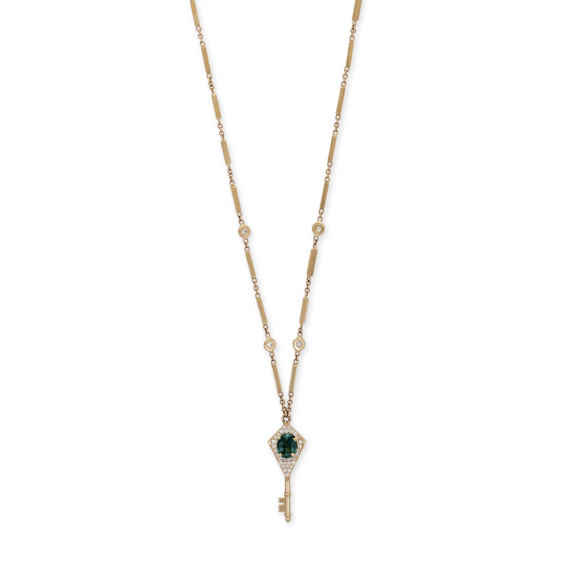 Pavé + Baguette Diamond Gemstone Key Smooth Bar Necklace