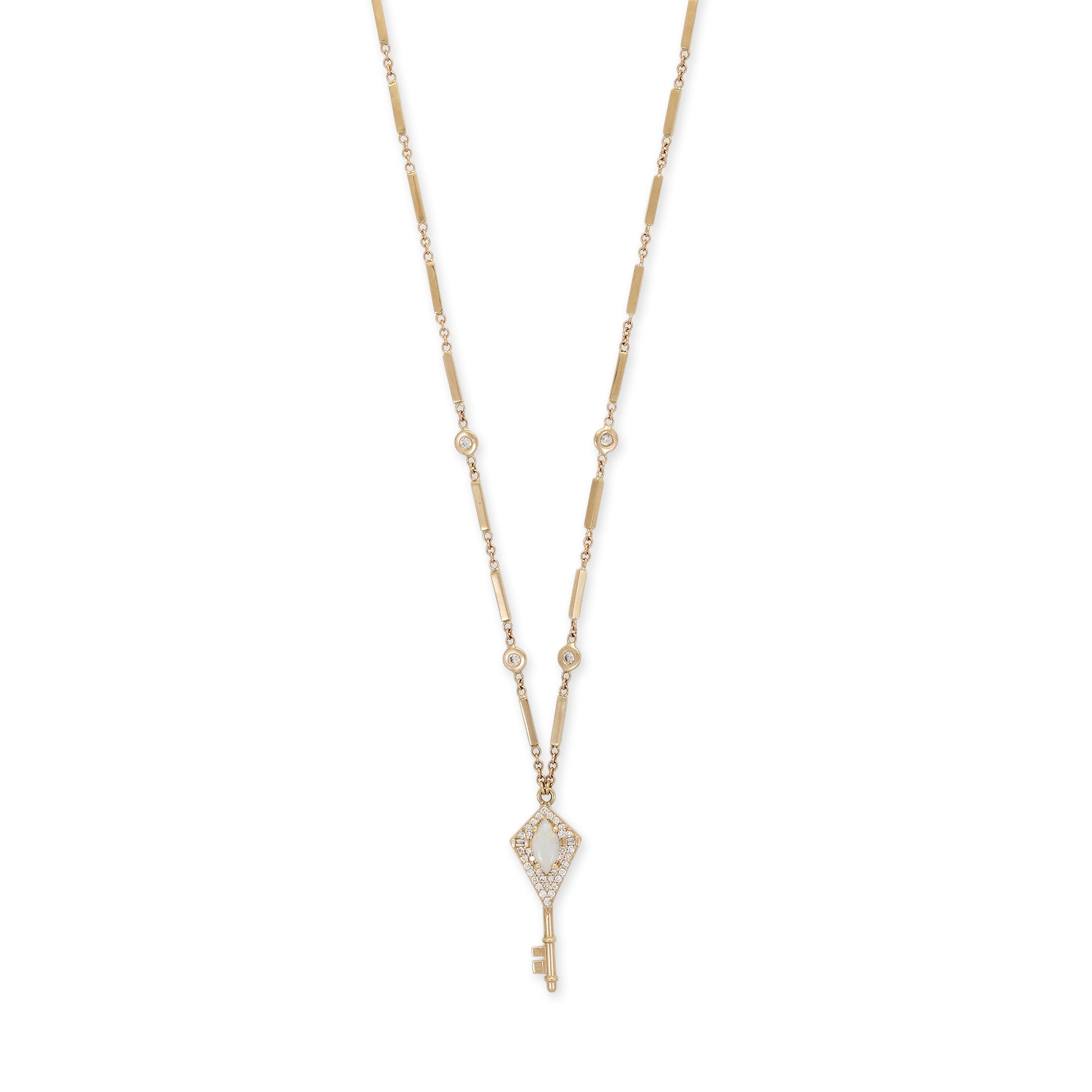 Pavé + Baguette Diamond Gemstone Key Smooth Bar Necklace