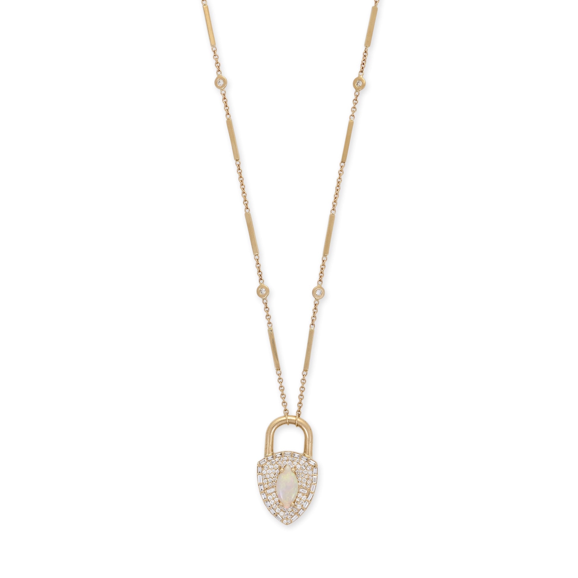 Pavé + Baguette Diamond Gemstone Lock Smooth Bar Necklace