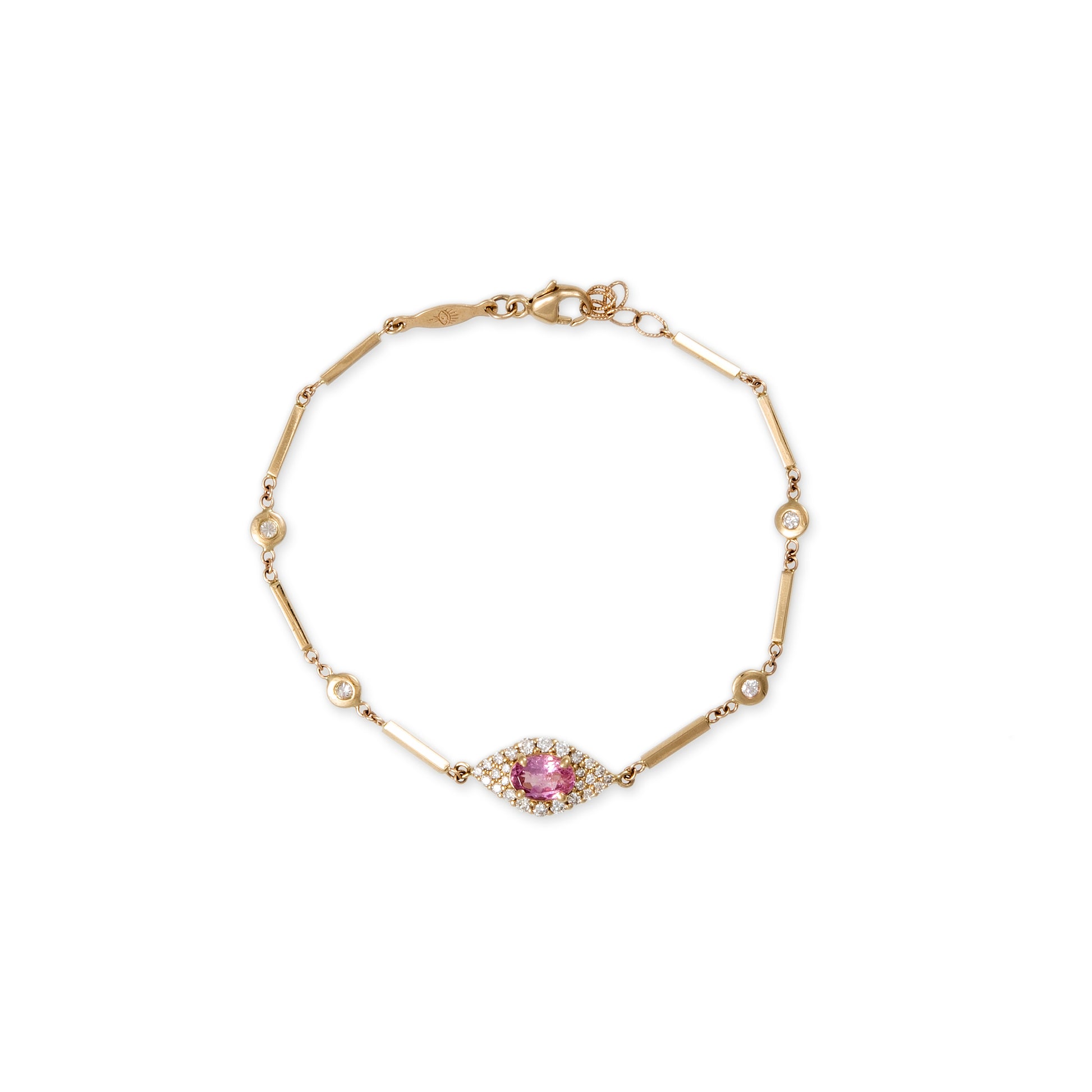 Pave Pink Tourmaline Center Eye Diamond Smooth Bar Bracelet