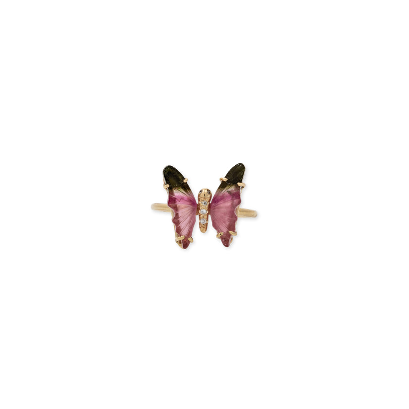 SMALL WATERMELON TOURMALINE PAVE CENTER BUTTERFLY RING
