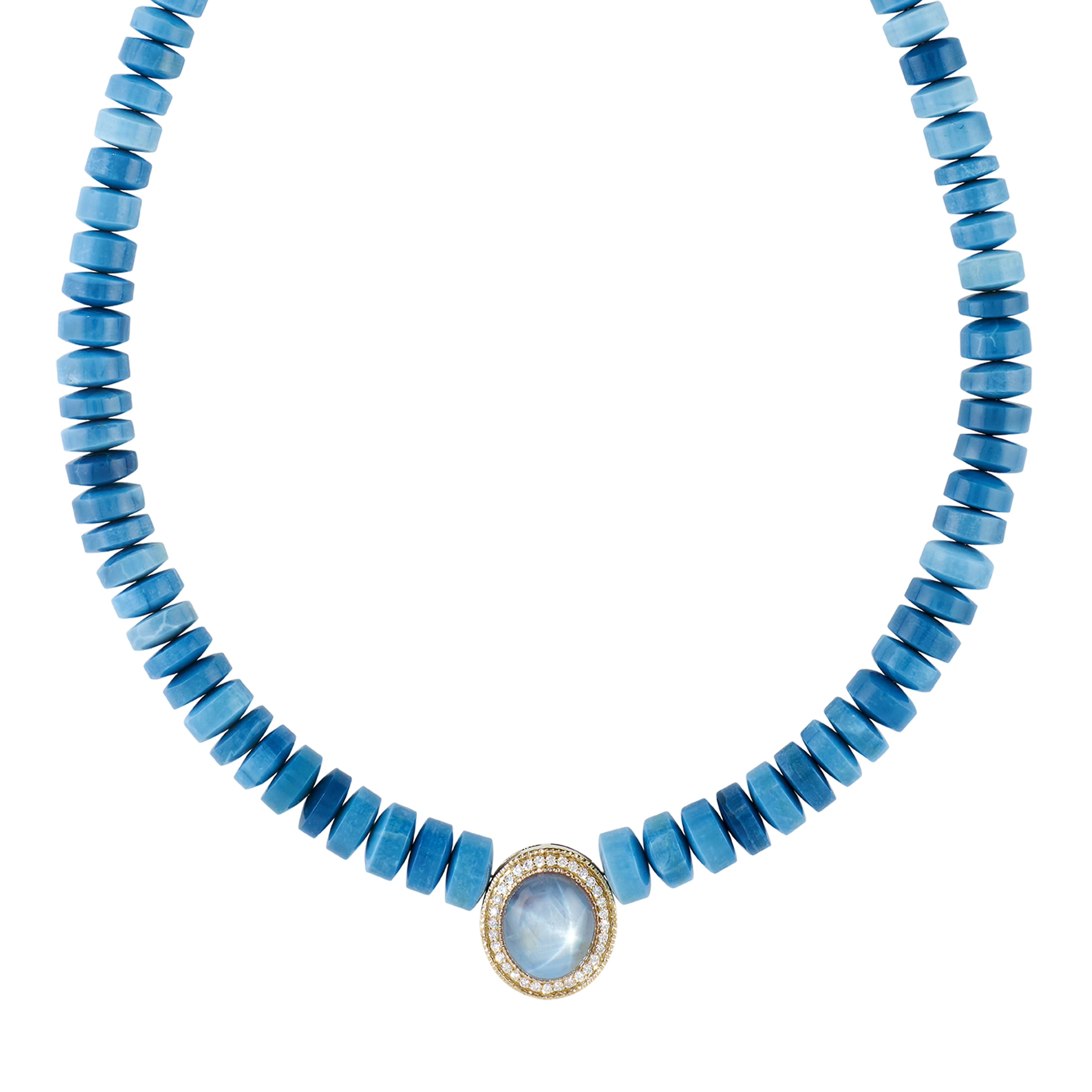 Pavé Star Sapphire Oval Center Graduated Blue Opal Beaded Necklace