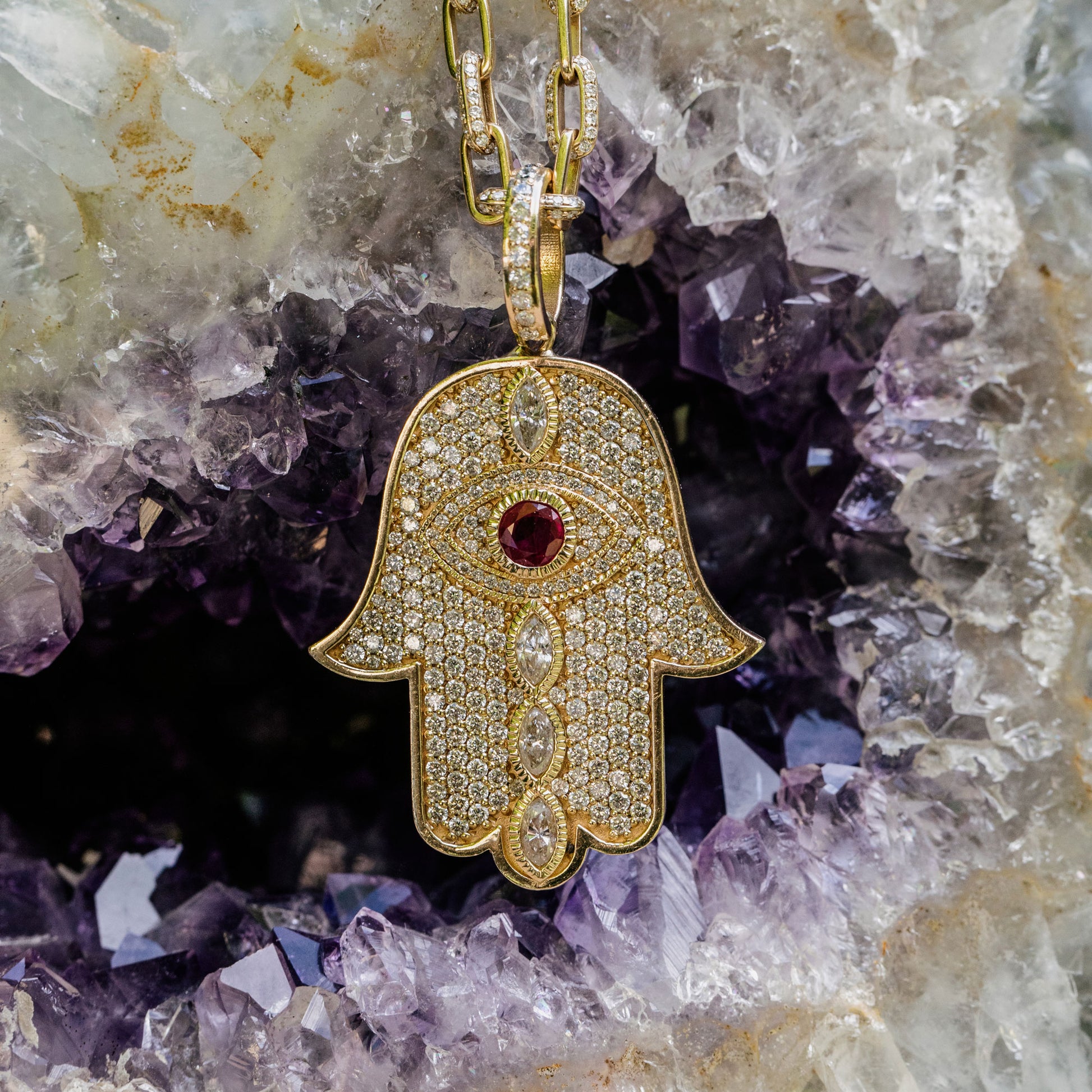 LARGE RUBY + MARQUISE DIAMOND PAVE HAMSA CHARM
